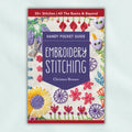 Book cover of 'Handy Pocket Guide: Embroidery Stitching' by Christen Brown with colourful embroidery designs