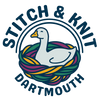 Logo of Stitch & Knit Dartmouth with a colourful wreath of yarn and goose illustration.