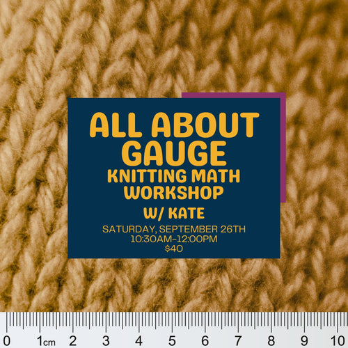 Promotional graphic for a knitting math workshop reading 'ALL ABOUT GAUGE KNITTING MATH WORKSHOP W/ KATE'. Halifax, Nova Scotia.