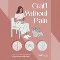 Book cover of 'Crafting Without Pain' with a person knitting and illustrations of injury prevention.