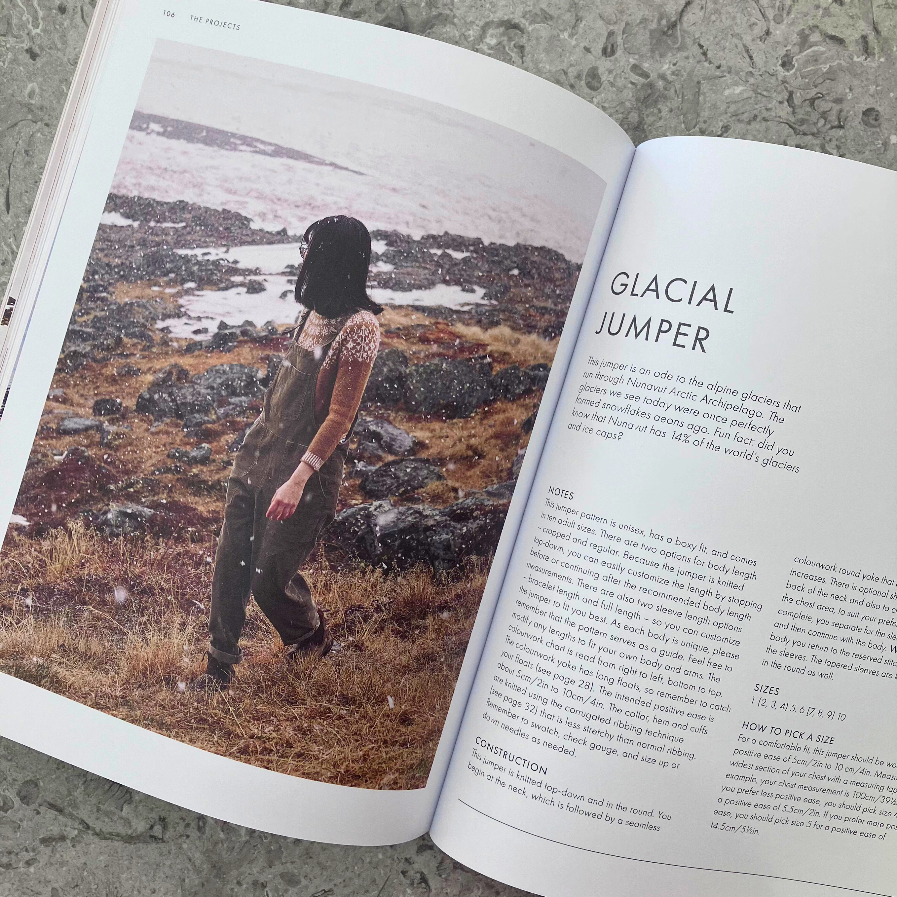 Arctic Knits by Weichien Chan — interior spread showing image of Glacial Jumper — stranded colourwork knit pullover