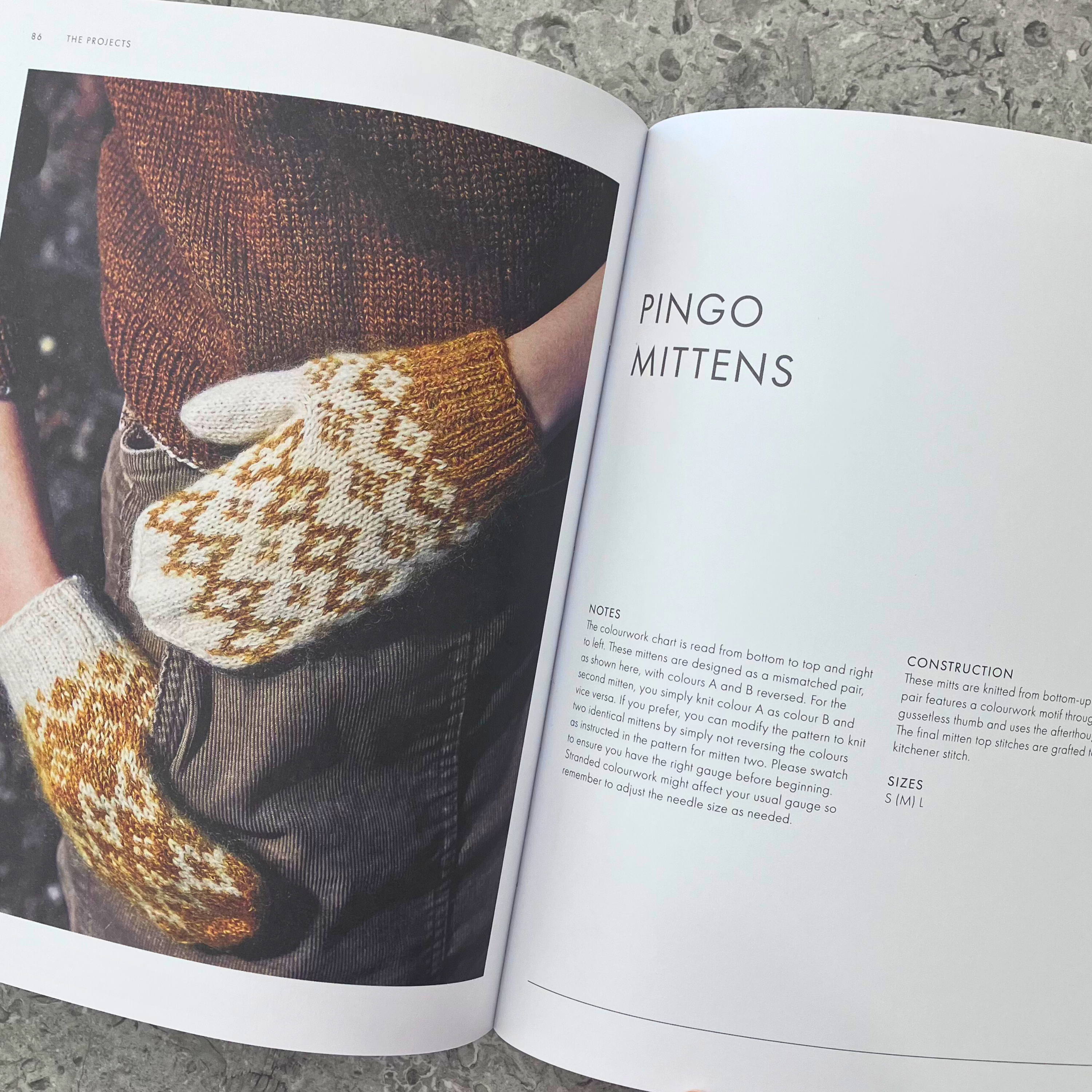 Arctic Knits by Weichien Chan — interior spread showing pattern photo of Pingo Mittens —  stranded colourwork knit mittens