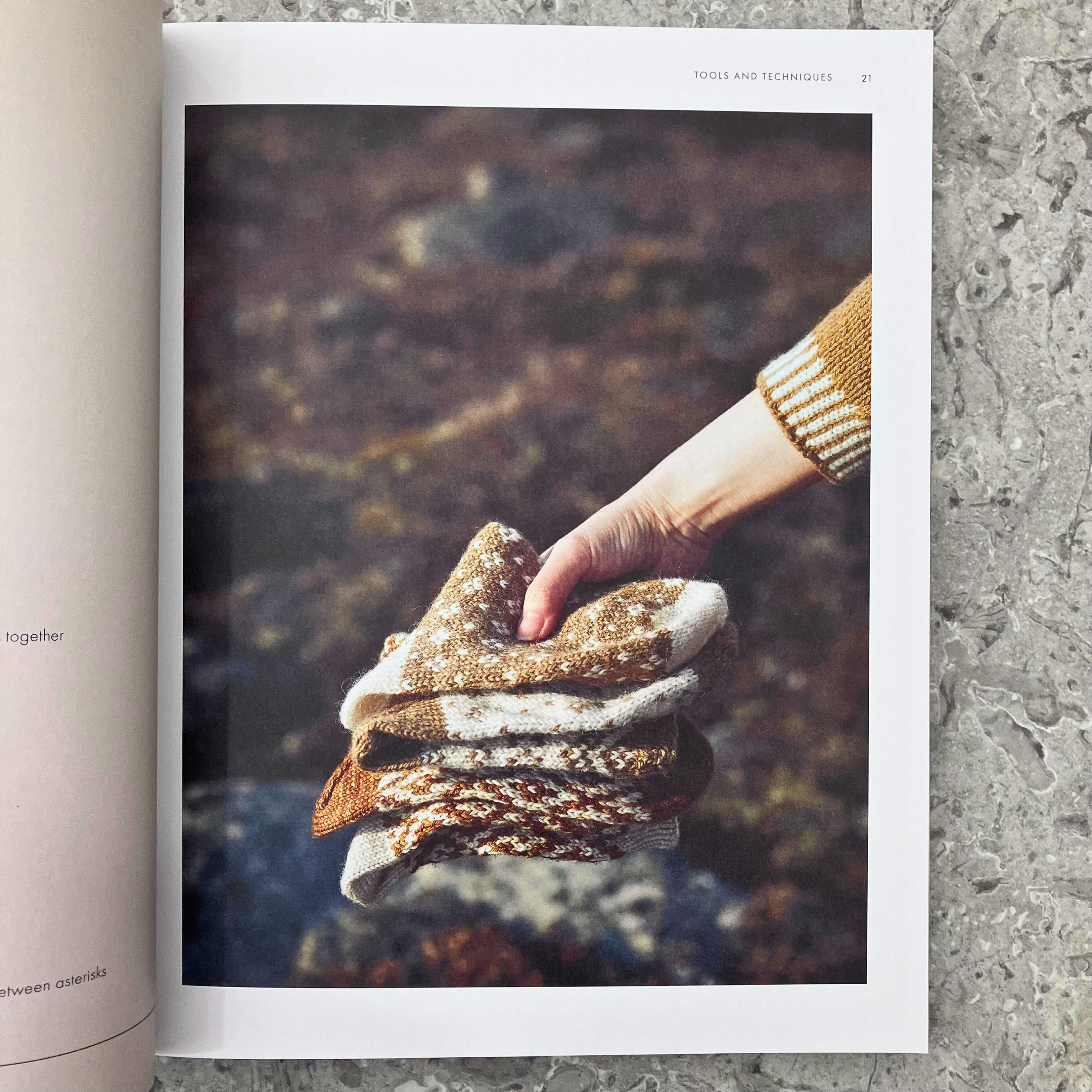 Arctic Knits by Weichien Chan — interior spread showing lifestyle photo of finished colourwork knit socks.