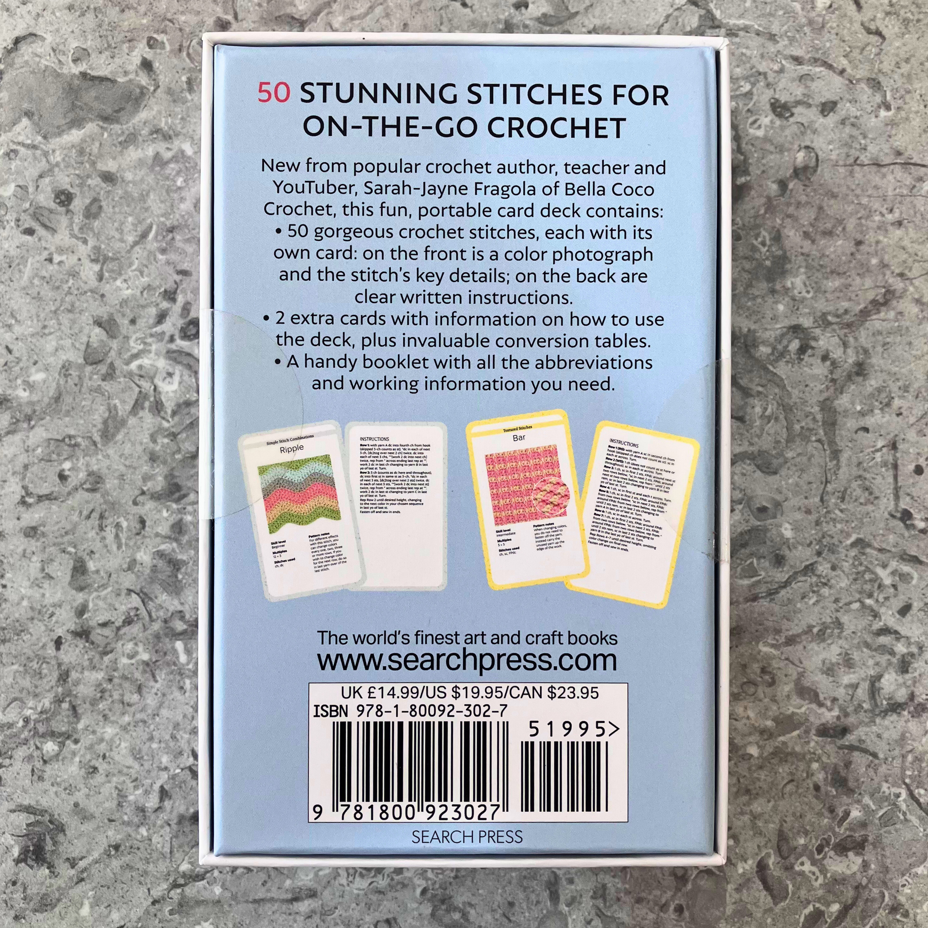 Bella Coco's Crochet Stitch Card Deck — back of packaging, with description and images of sample cards showing crochet stitch diagrams and instructions.