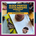 Promotional graphic for a 'Block Printed Cloth Napkins Workshop w/ Kelly' featuring a close-up of a linen napkin with a mushroom block print, a wooden measuring tape, and a wooden printing block on a white cloth. Halifax, Nova Scotia