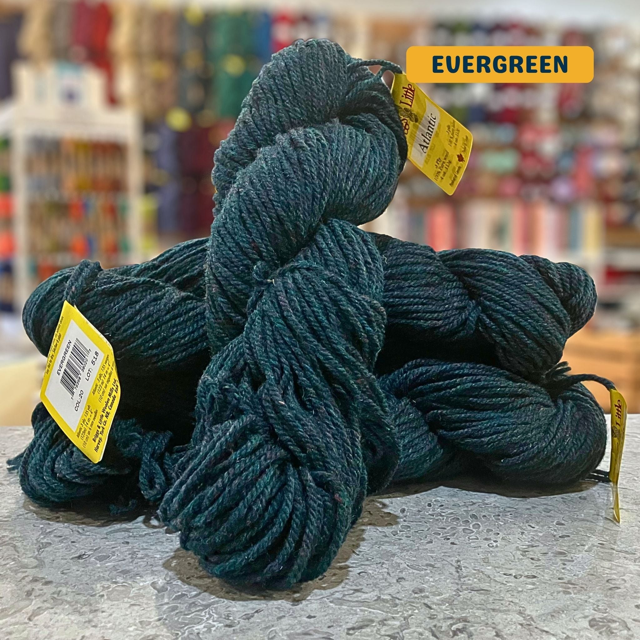 113g dark heather teal-green (evergreen) Canadian wool bulky skein, Briggs & Little yarn, craft shop background (blurred)