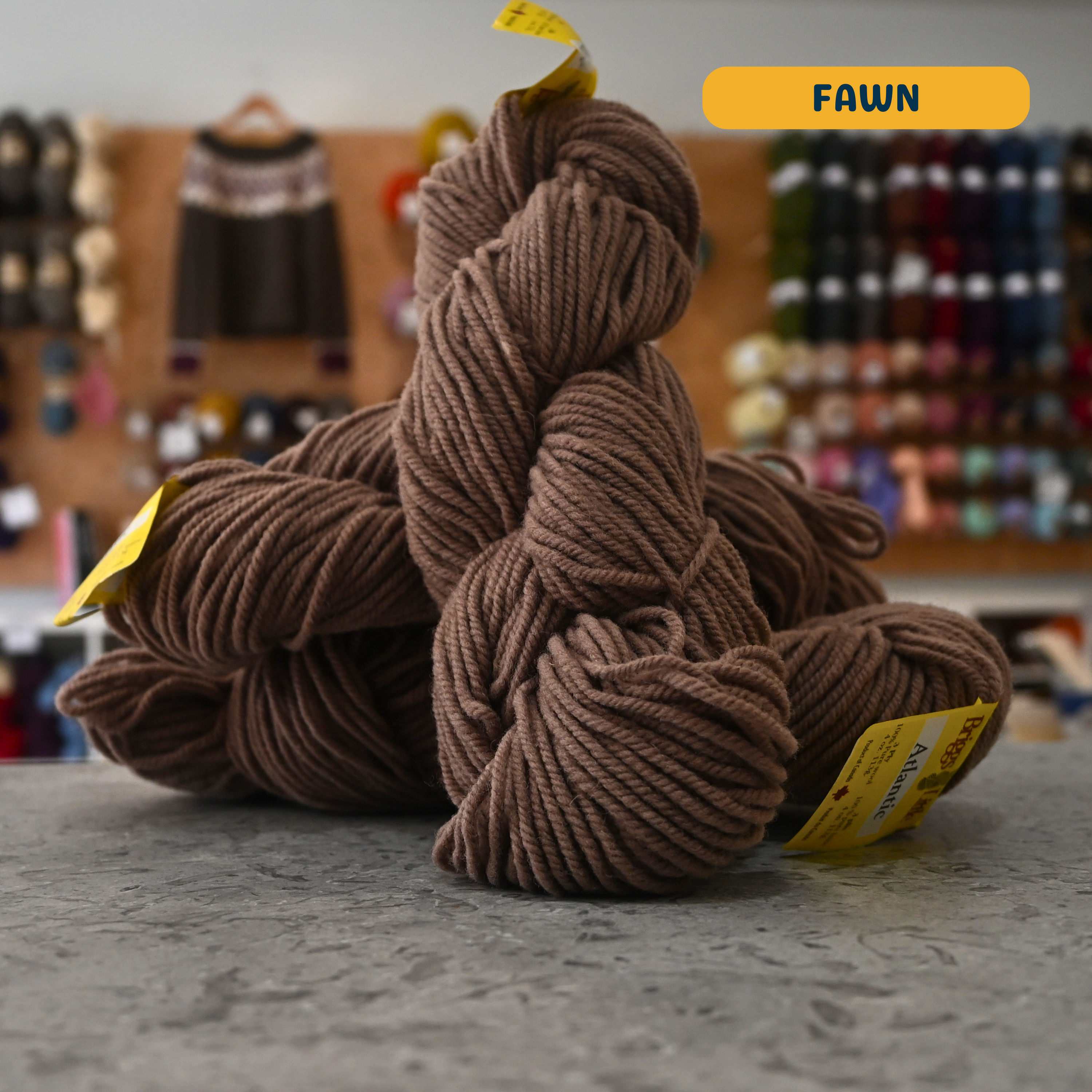 113g brown (fawn) Canadian wool bulky skein, Briggs & Little yarn, craft shop background (blurred)