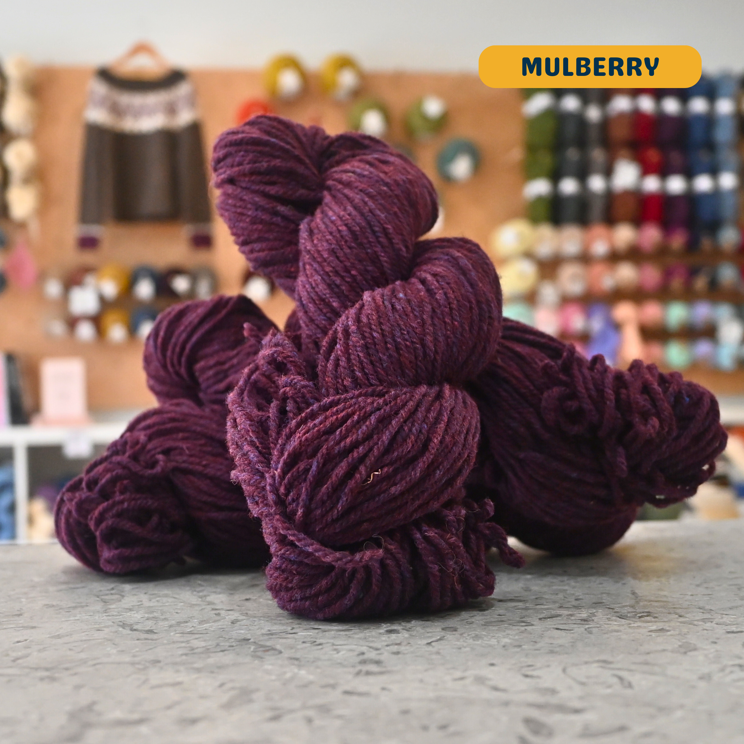 113g deep purple (mulberry) Canadian wool bulky skein, Briggs & Little yarn, craft shop background (blurred)