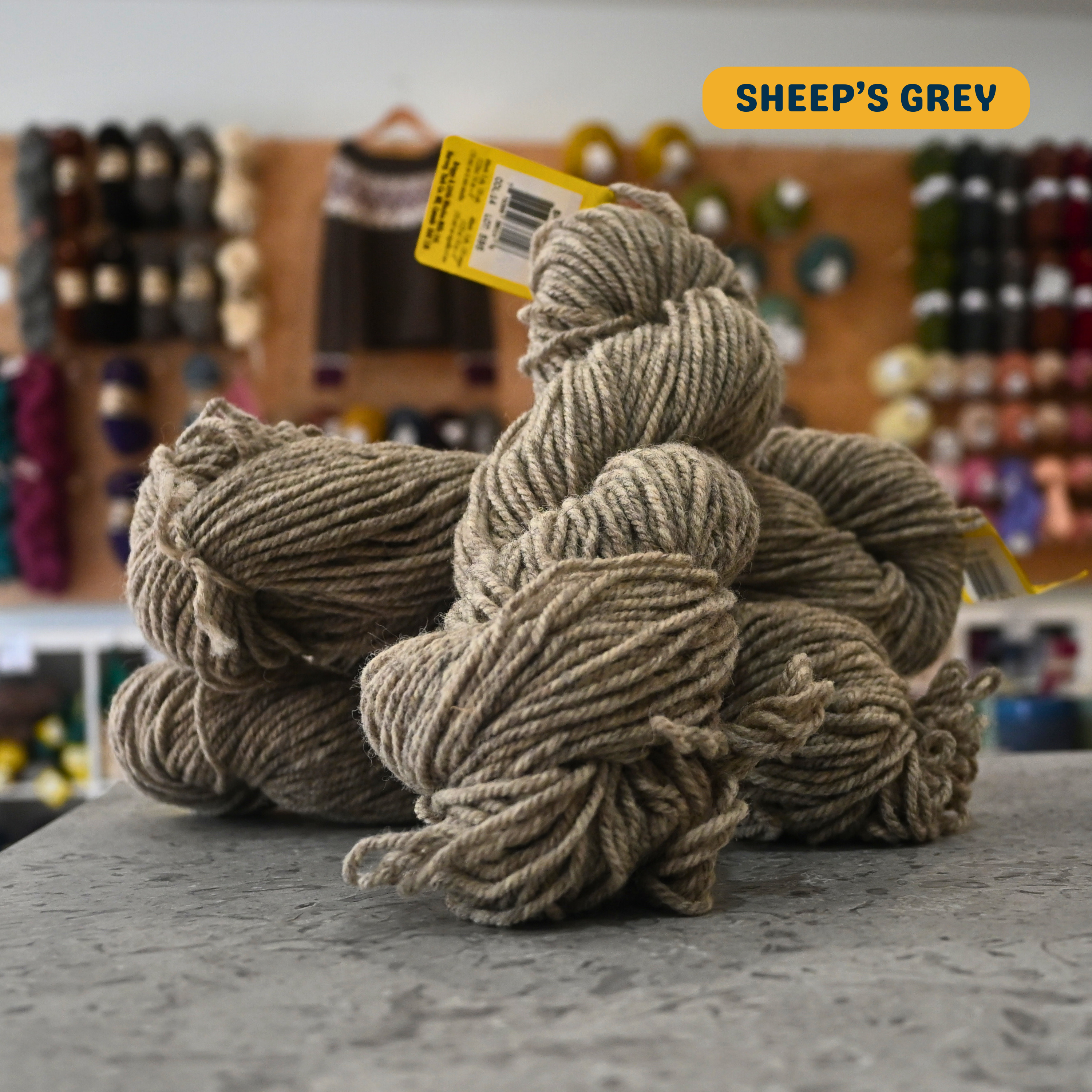 113g sheeps grey Canadian wool bulky skein, Briggs & Little yarn, craft shop background (blurred)