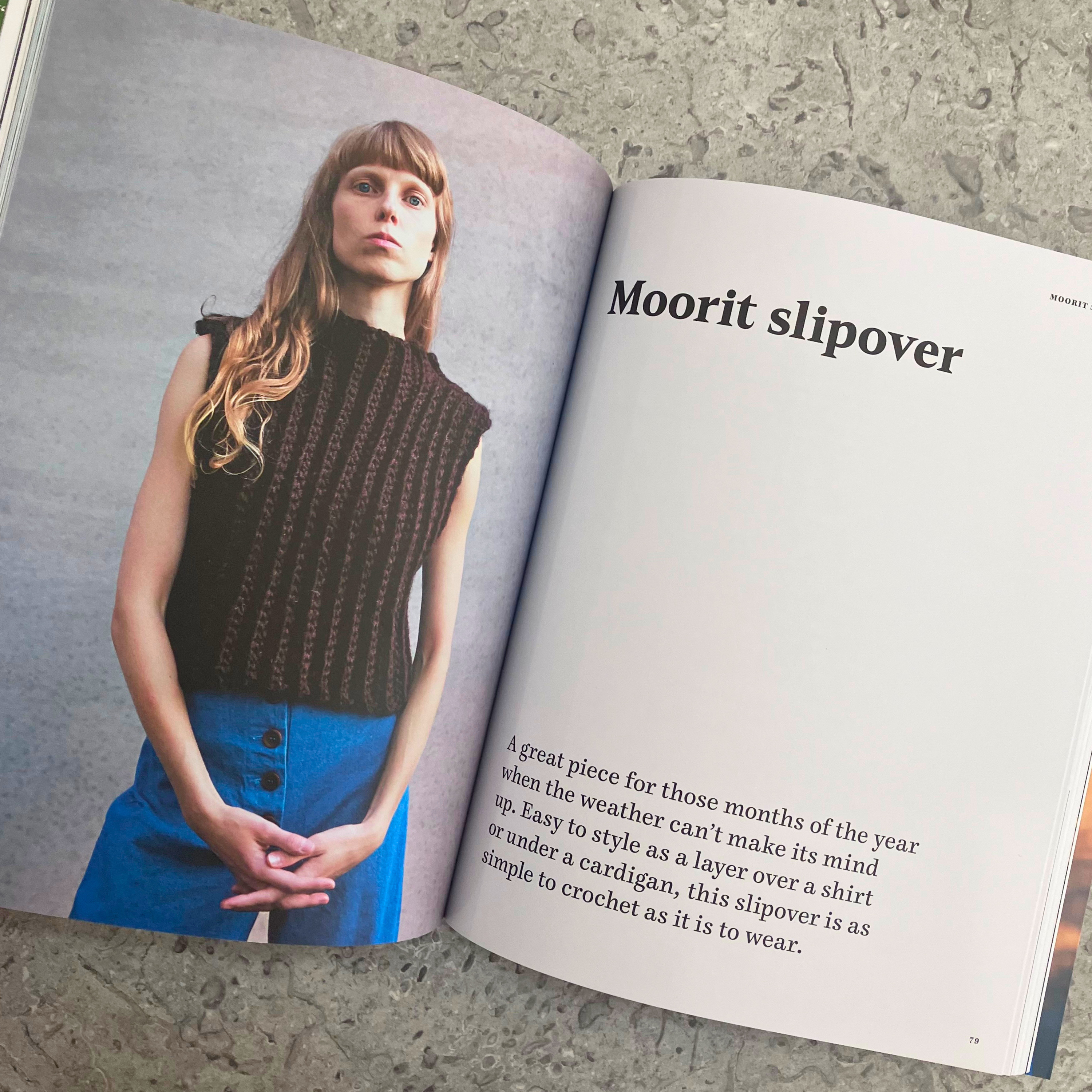 Chunky Crochet by Amanda Ljunggren — interior spread showing crochet vest — crochet pattern for the Moorit Slipover