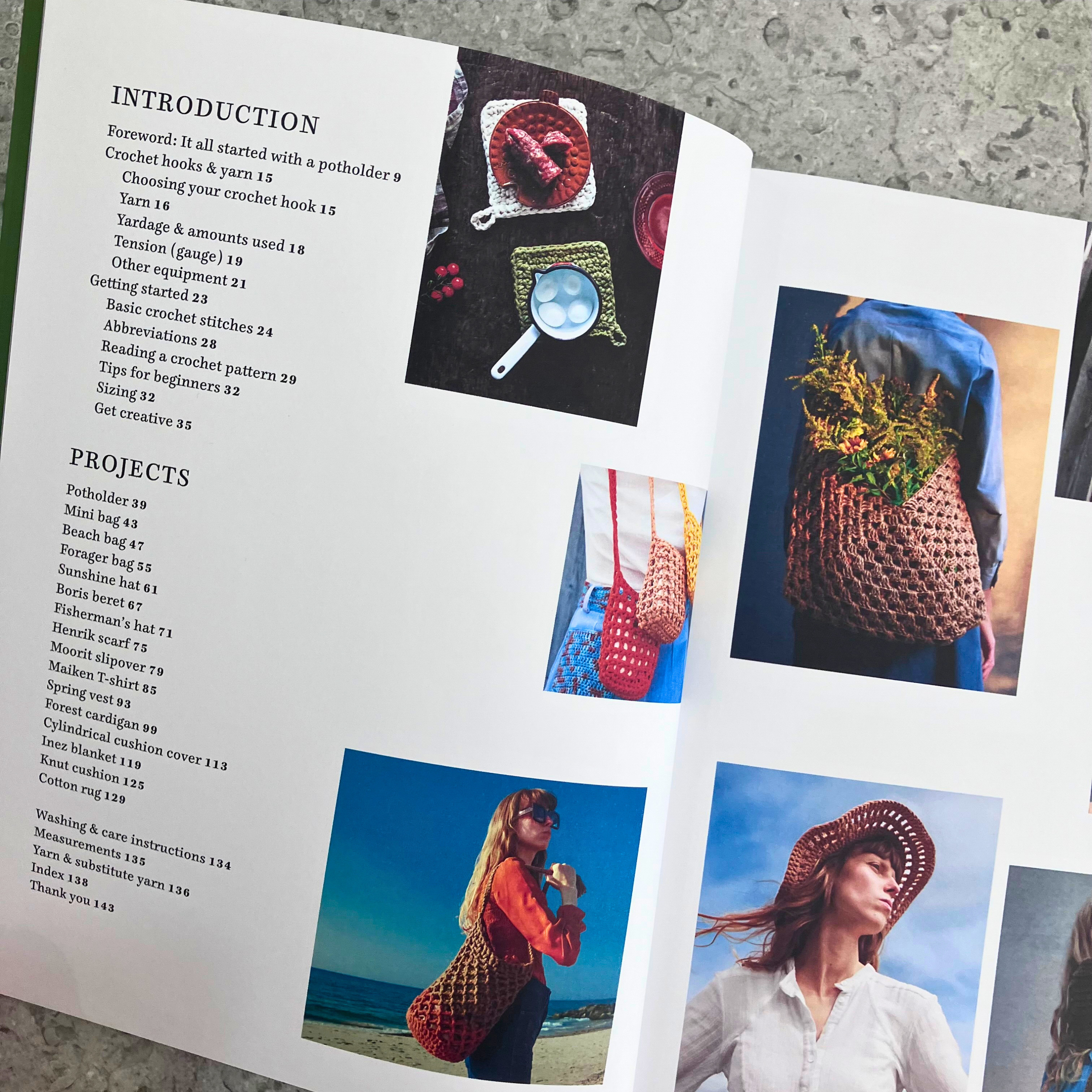Chunky Crochet by Amanda Ljunggren — interior spread showing table of contents, and photos of crochet homegoods and accessories.