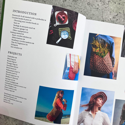 Chunky Crochet by Amanda Ljunggren — interior spread showing table of contents, and photos of crochet homegoods and accessories.