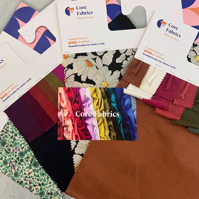 Collection of fabric swatches with Core Fabrics branding. Cottons, linens, viscose. 