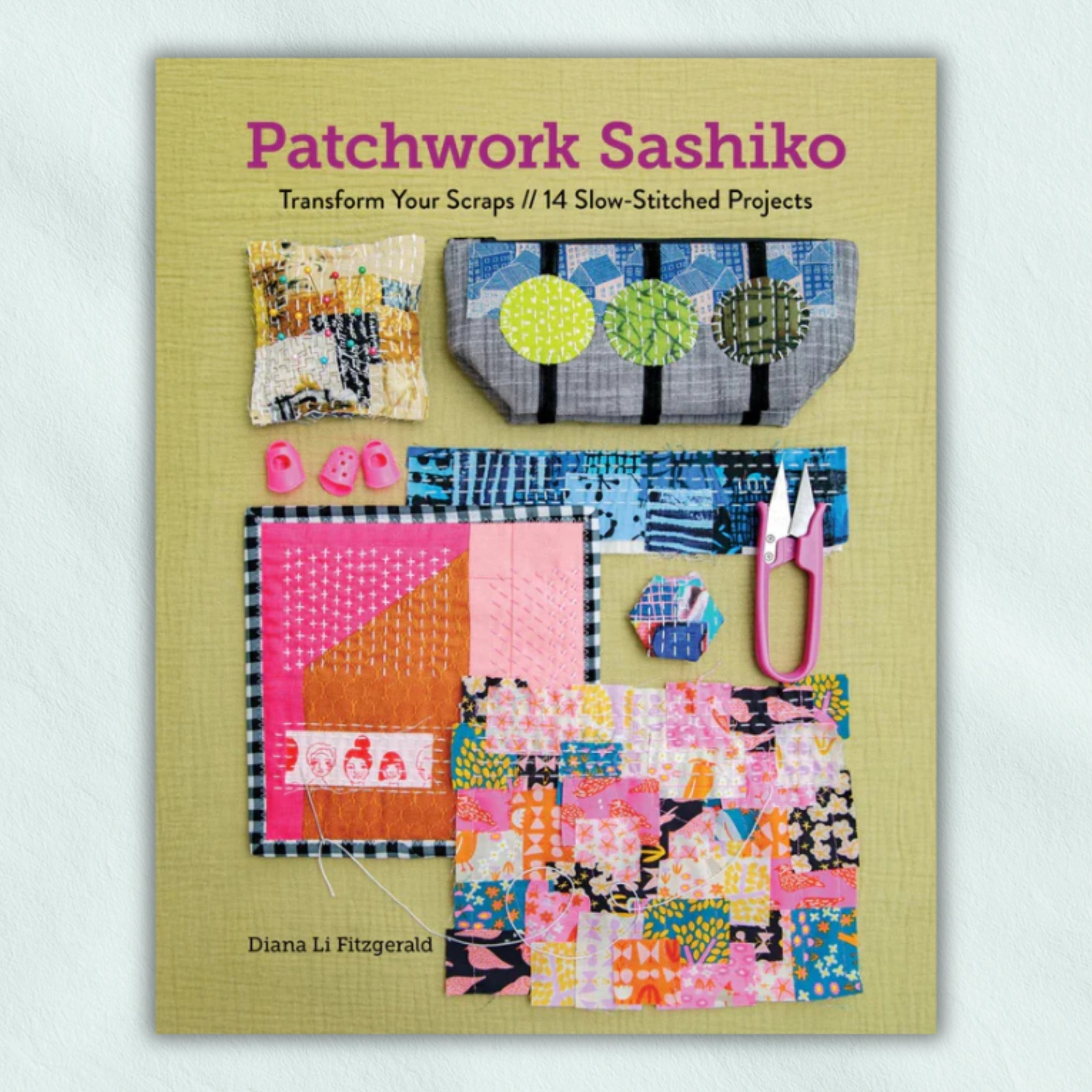 Patchwork Sashiko by Diana Li Fitzgerald — C&T Publishing book cover with slow-stitched scrap fabric projects