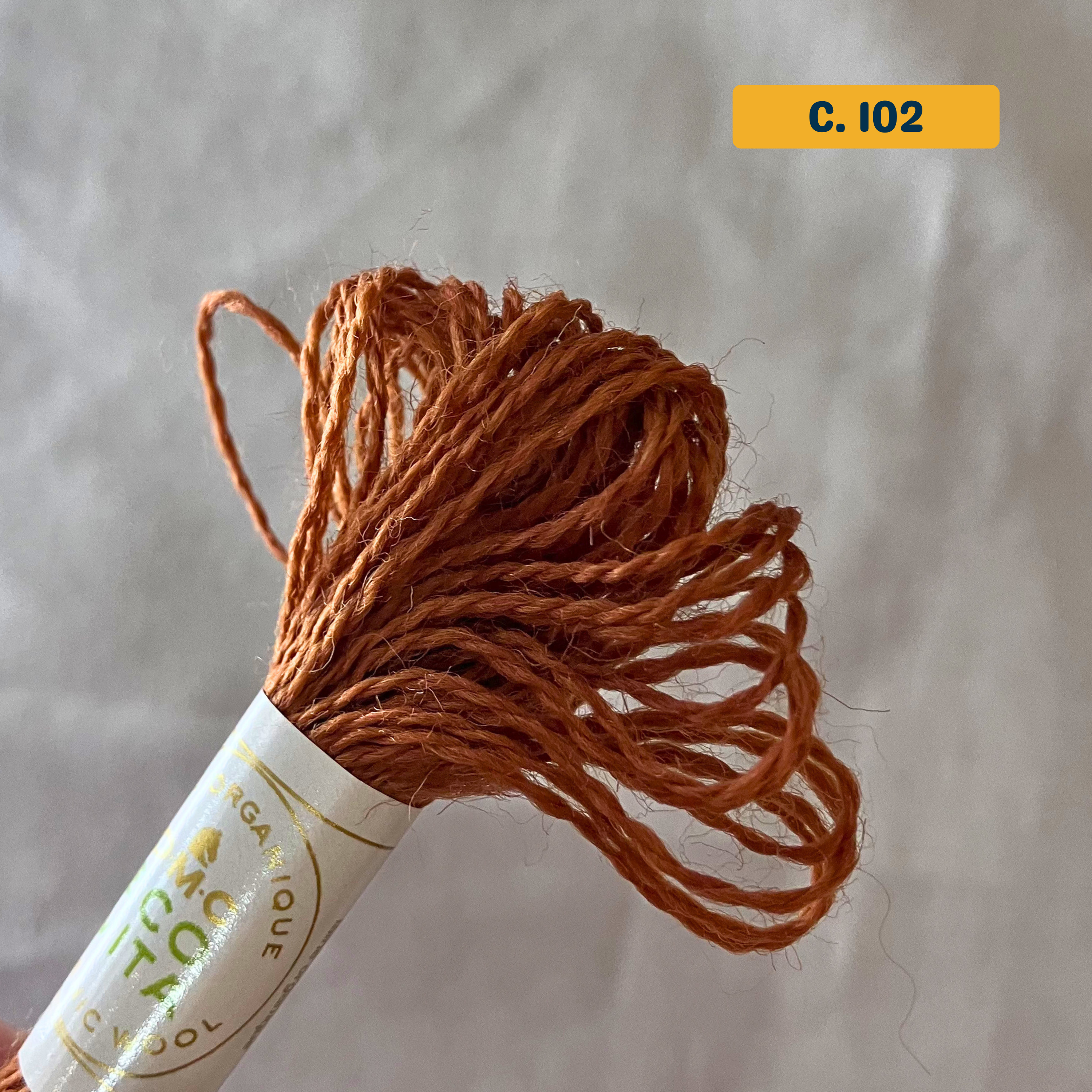 100% Organic Wool Thread — orange (102). Naturally-Dyed. 16m. 'Organic DMC ECO VITA' label visible.