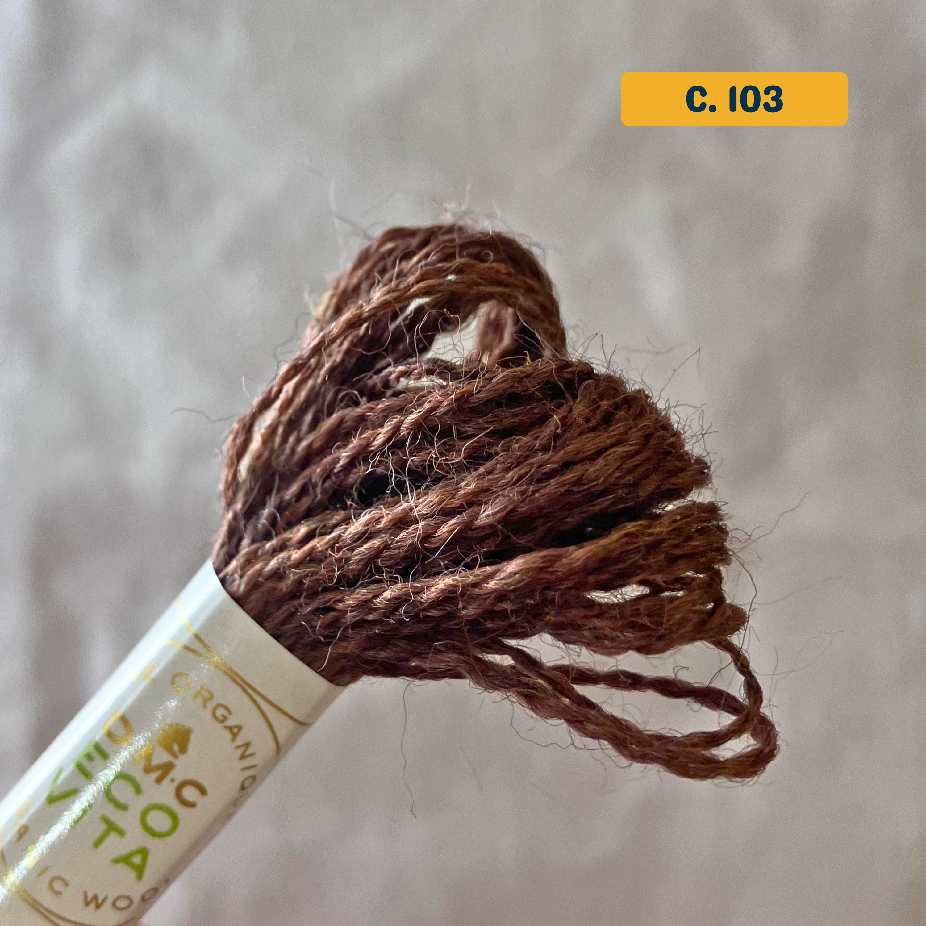 100% Organic Wool Thread — brown (103). Naturally-Dyed. 16m. 'Organic DMC ECO VITA' label visible. 