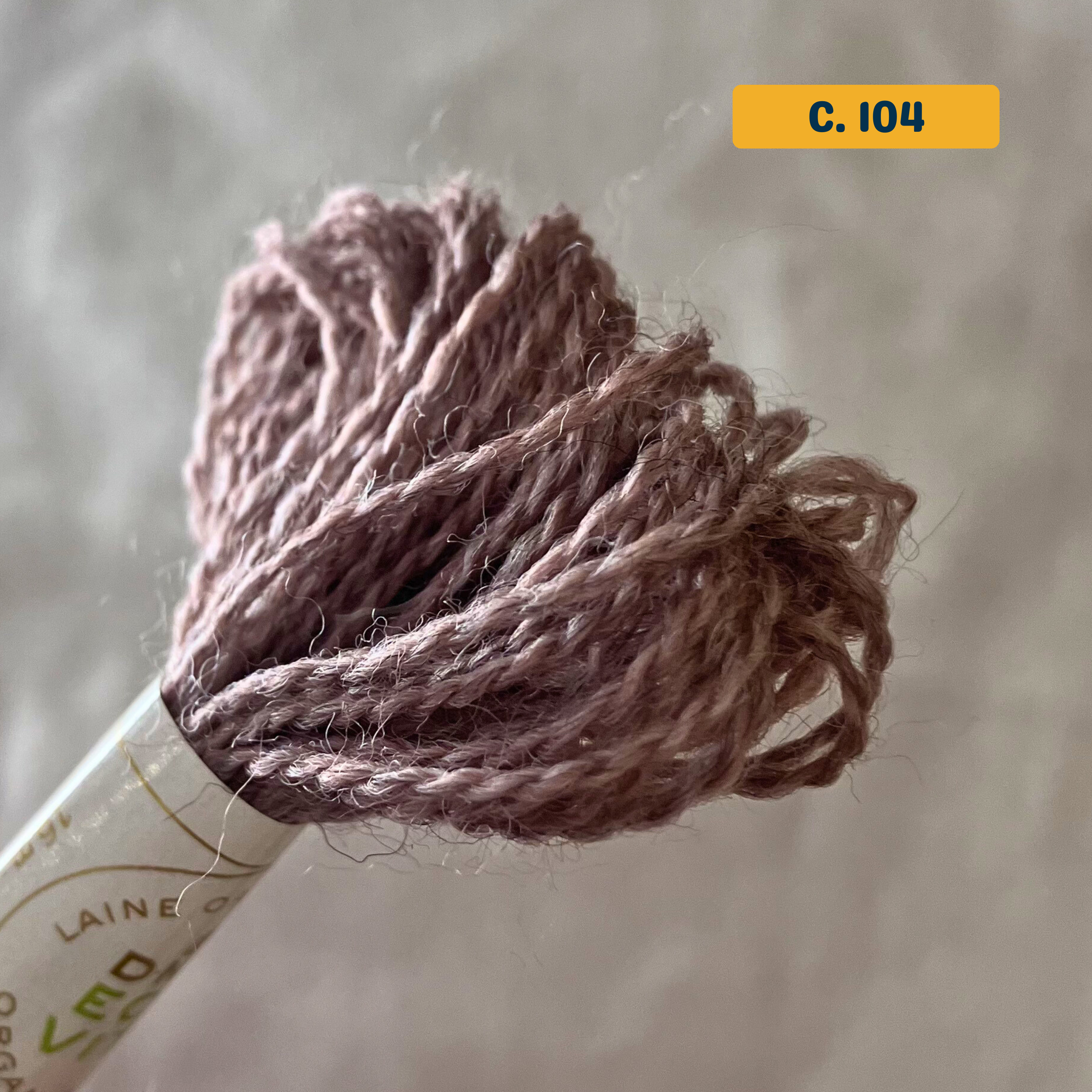 100% Organic Wool Thread — light brown (104). Naturally-Dyed. 16m. 'Organic DMC ECO VITA' label visible. 
