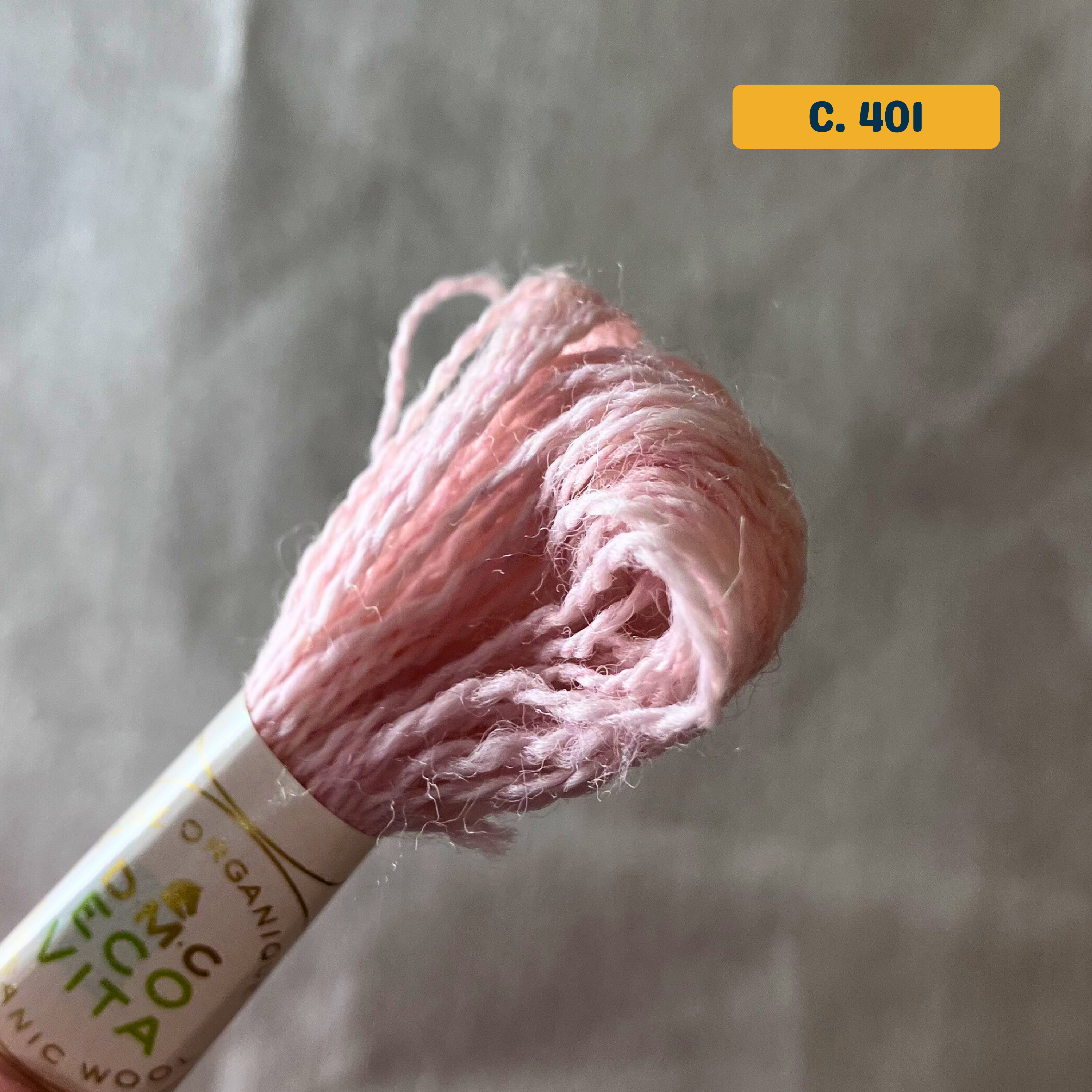 100% Organic Wool Thread — pale pink (401). Naturally-Dyed. 16m. 'Organic DMC ECO VITA' label visible. 