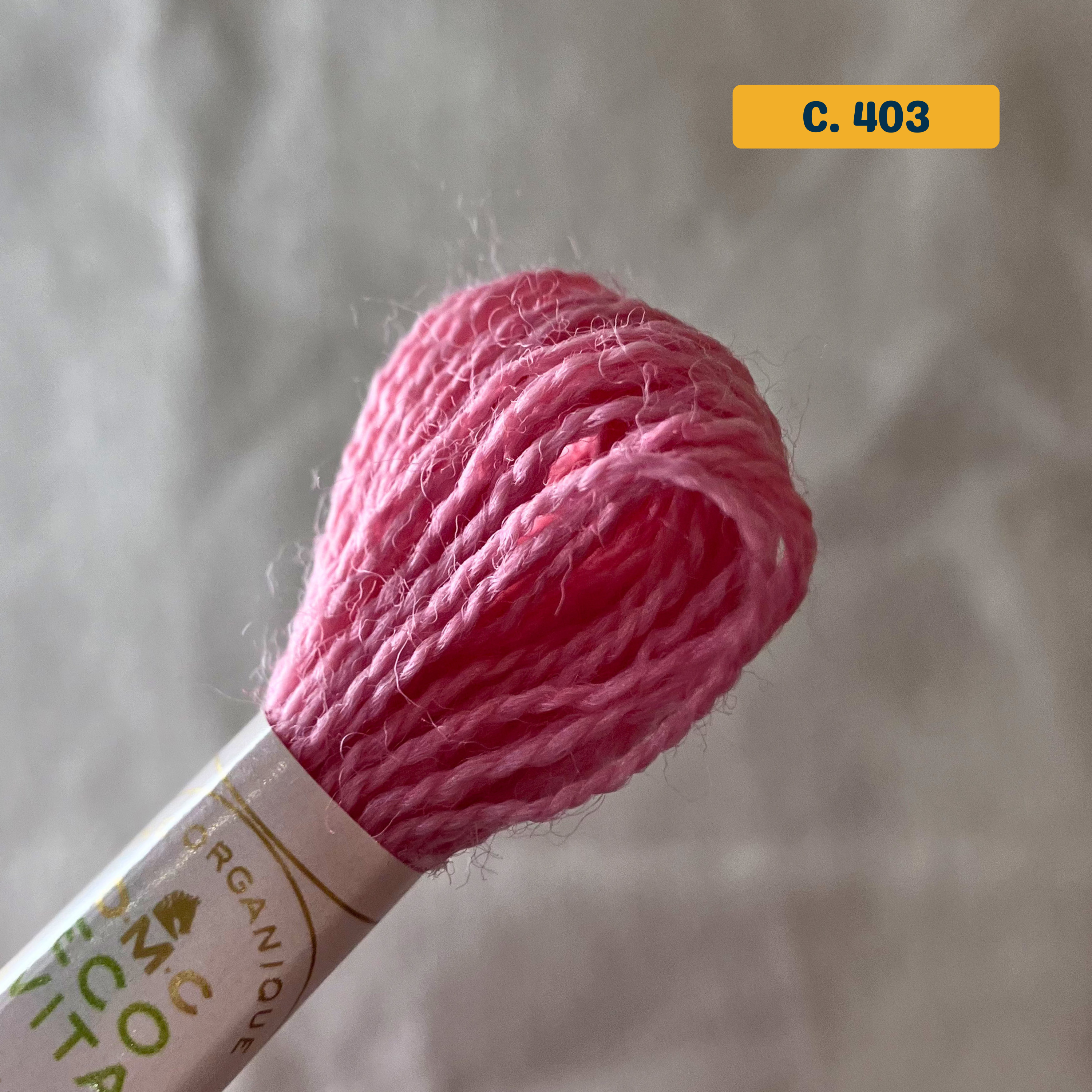 100% Organic Wool Thread — pink (403). Naturally-Dyed. 16m. 'Organic DMC ECO VITA' label visible. 