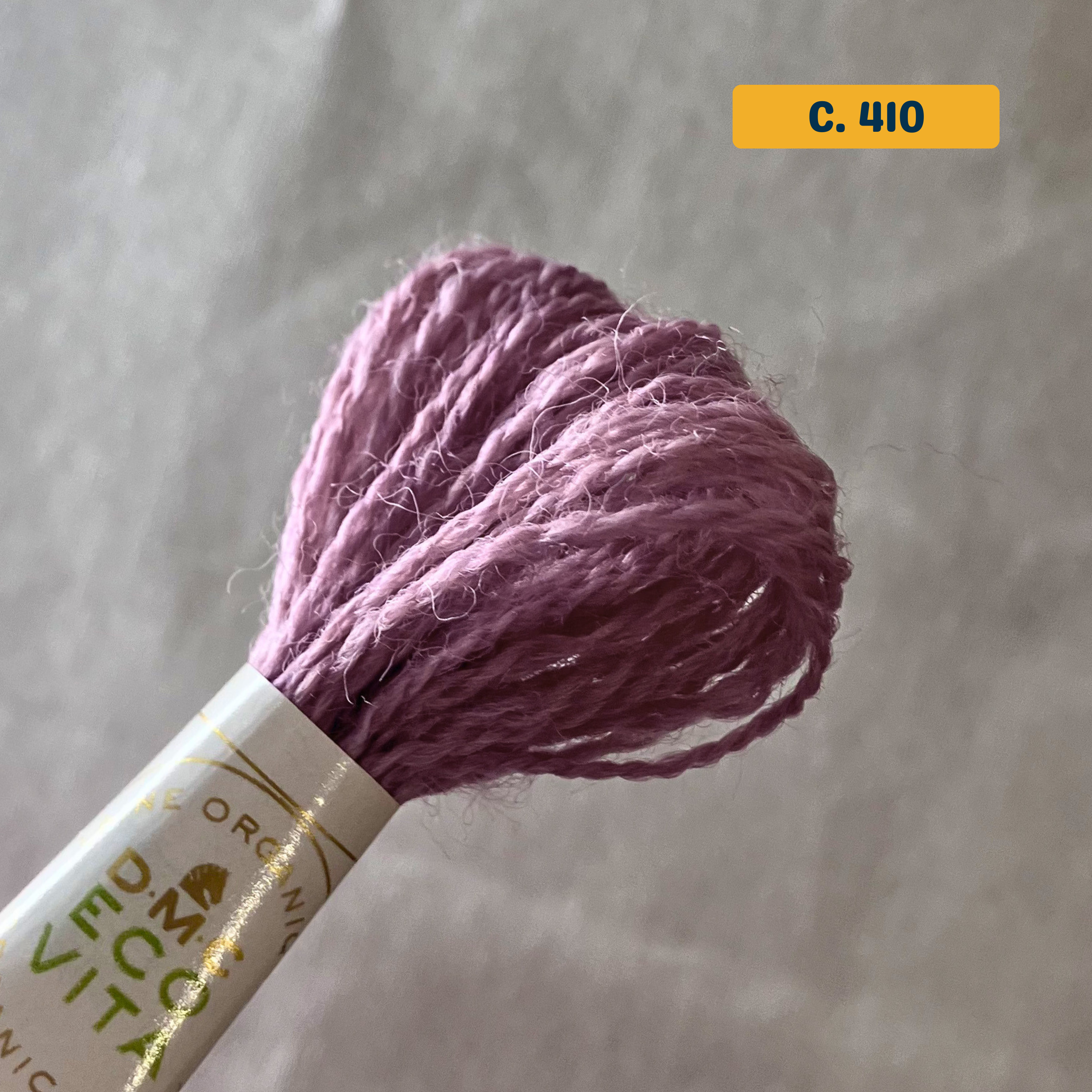 100% Organic Wool Thread — pink (410). Naturally-Dyed. 16m. 'Organic DMC ECO VITA' label visible. 
