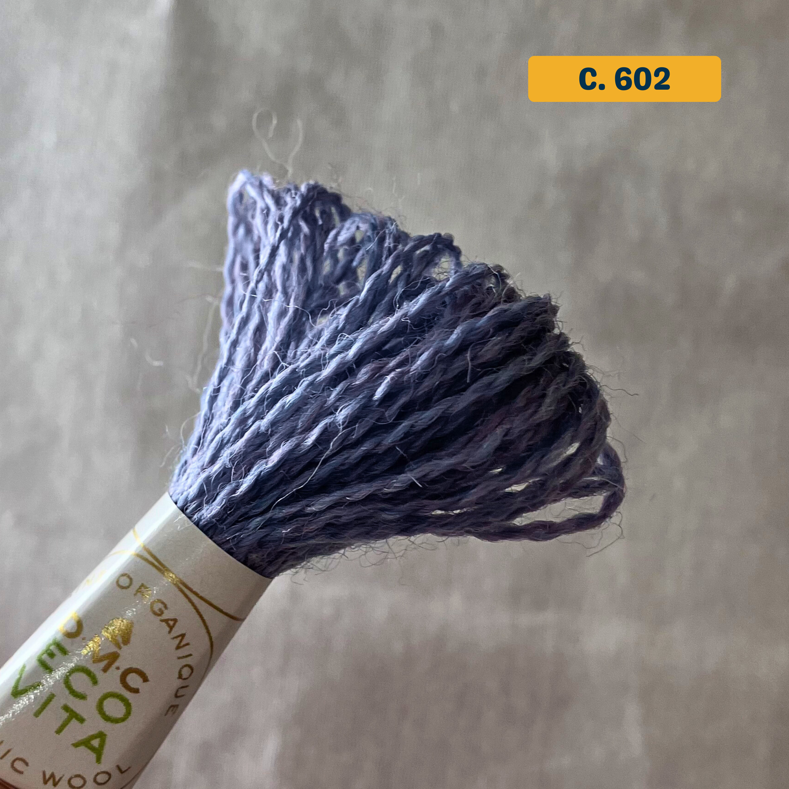 100% Organic Wool Thread — blue (602). Naturally-Dyed. 16m. 'Organic DMC ECO VITA' label visible.