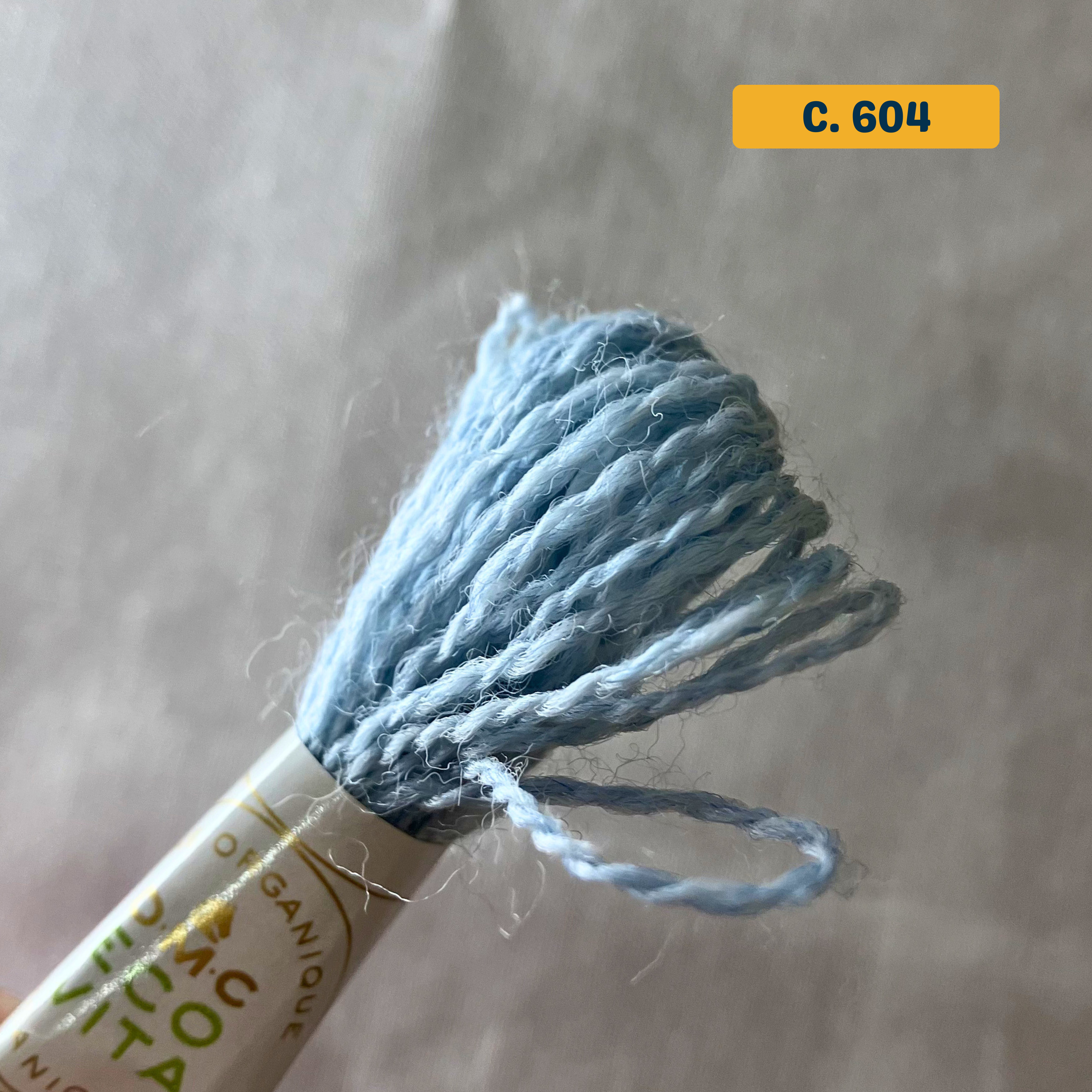 100% Organic Wool Thread — sky blue (604). Naturally-Dyed. 16m. 'Organic DMC ECO VITA' label visible. 