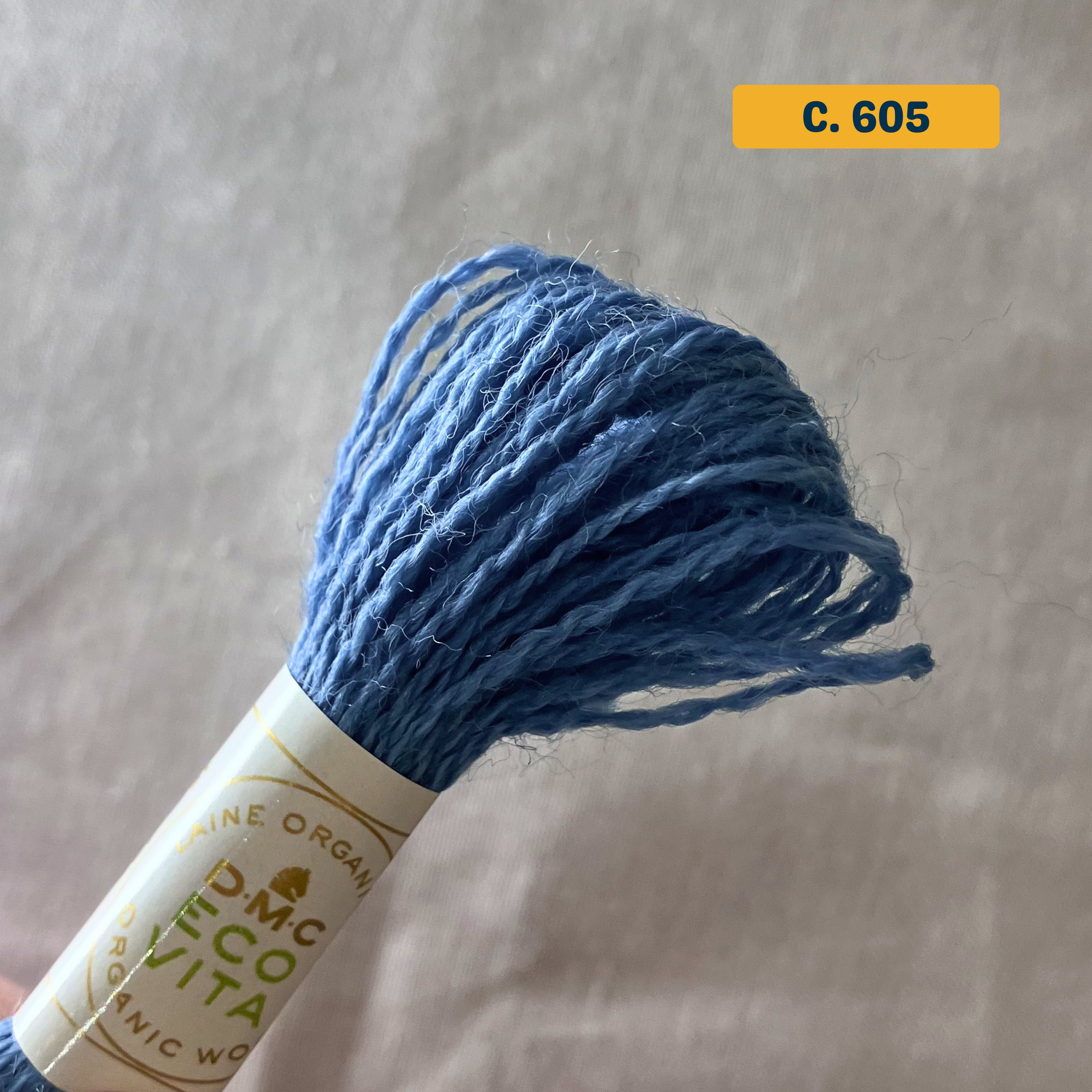 100% Organic Wool Thread — blue (605). Naturally-Dyed. 16m. 'Organic DMC ECO VITA' label visible. 
