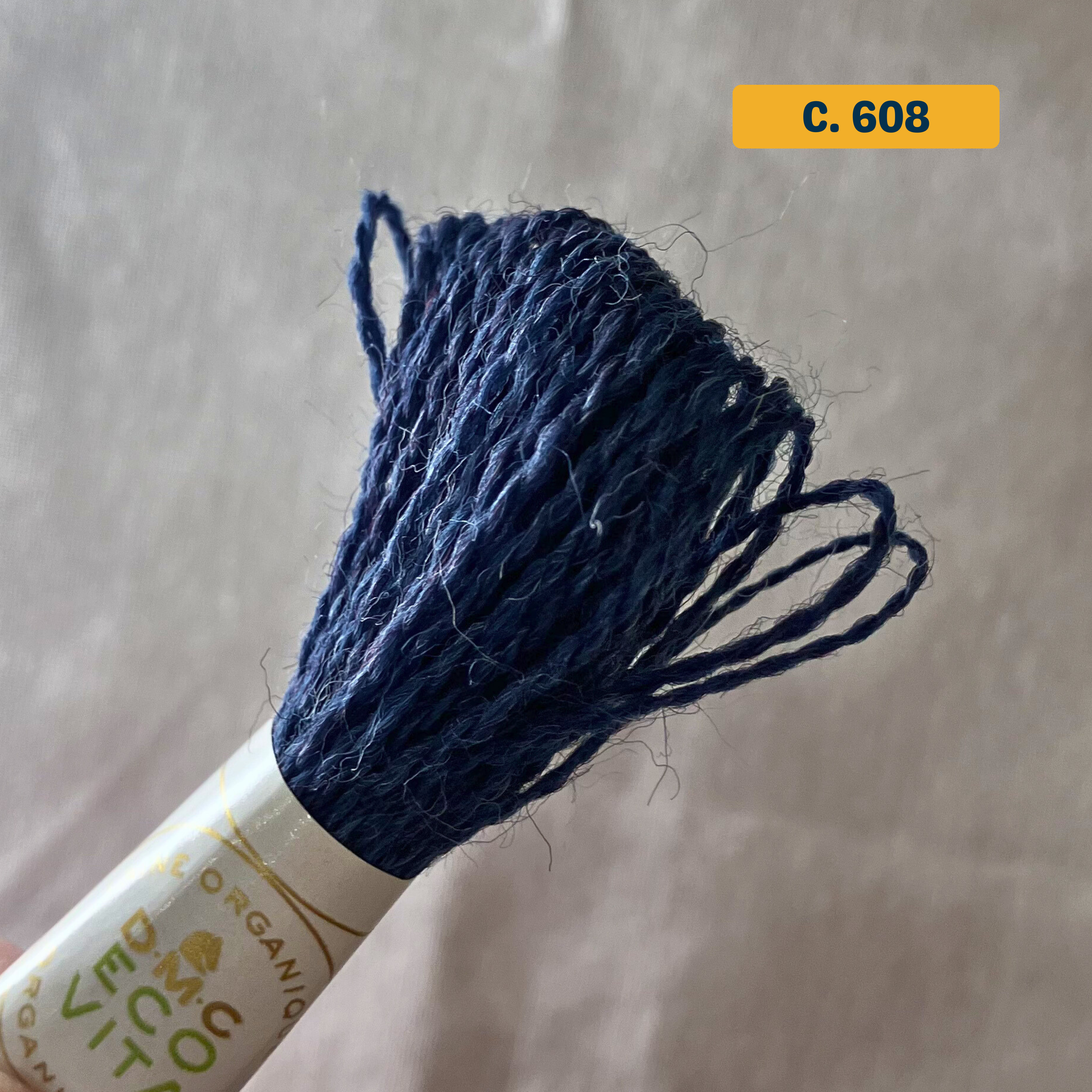 100% Organic Wool Thread — navy blue (608). Naturally-Dyed. 16m. 'Organic DMC ECO VITA' label visible. 