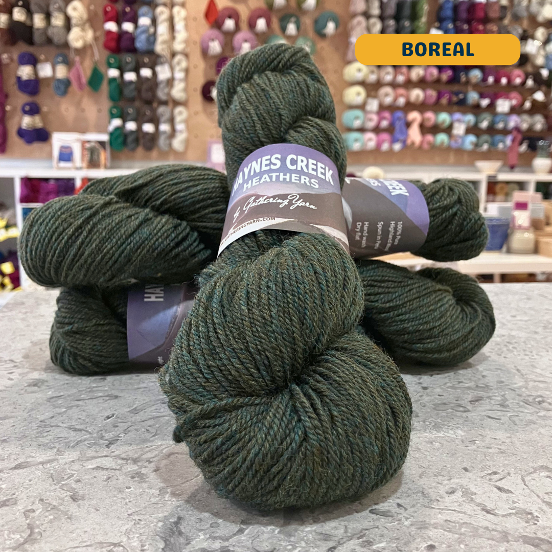 100g dark green (boreal) Peruvian highland wool worsted skeins, 'Haynes Creek Heathers by Gathering Yarn' label visible, craft shop background (blurred)