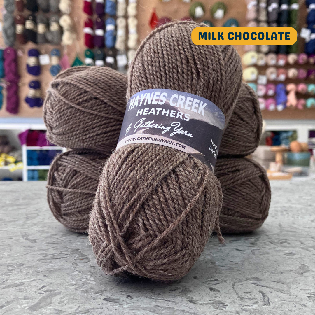 50g beige-brown (milk chocolate) Peruvian highland wool DK yarn, 'Haynes Creek Heathers by Gathering Yarn' label visible, craft shop background (blurred)