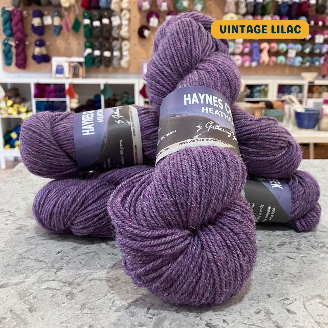 100g purple (vintage lilac) Peruvian highland wool worsted skeins, 'Haynes Creek Heathers by Gathering Yarn' label visible, craft shop background (blurred)