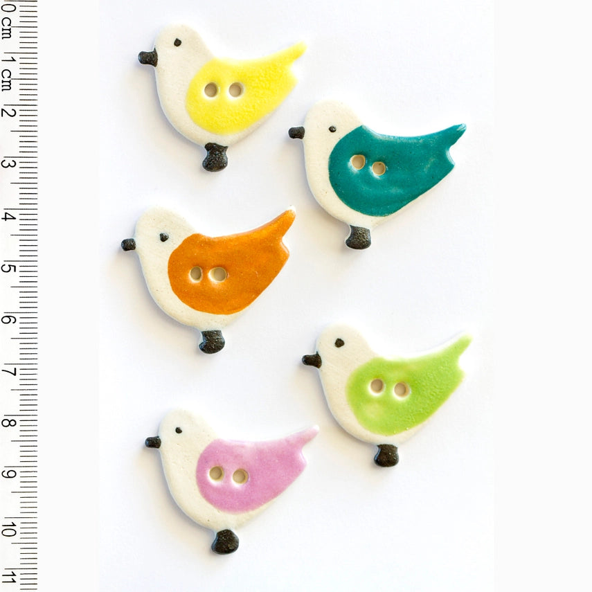 Handmade ceramic colourful bird buttons, set of 5, hand-painted stoneware, 1.2in (3cm), Incomparable Buttons
