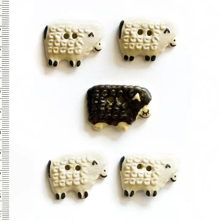 Handmade ceramic black & white sheep buttons, set of 5, hand-painted stoneware, 1.2in (3cm), Incomparable Buttons