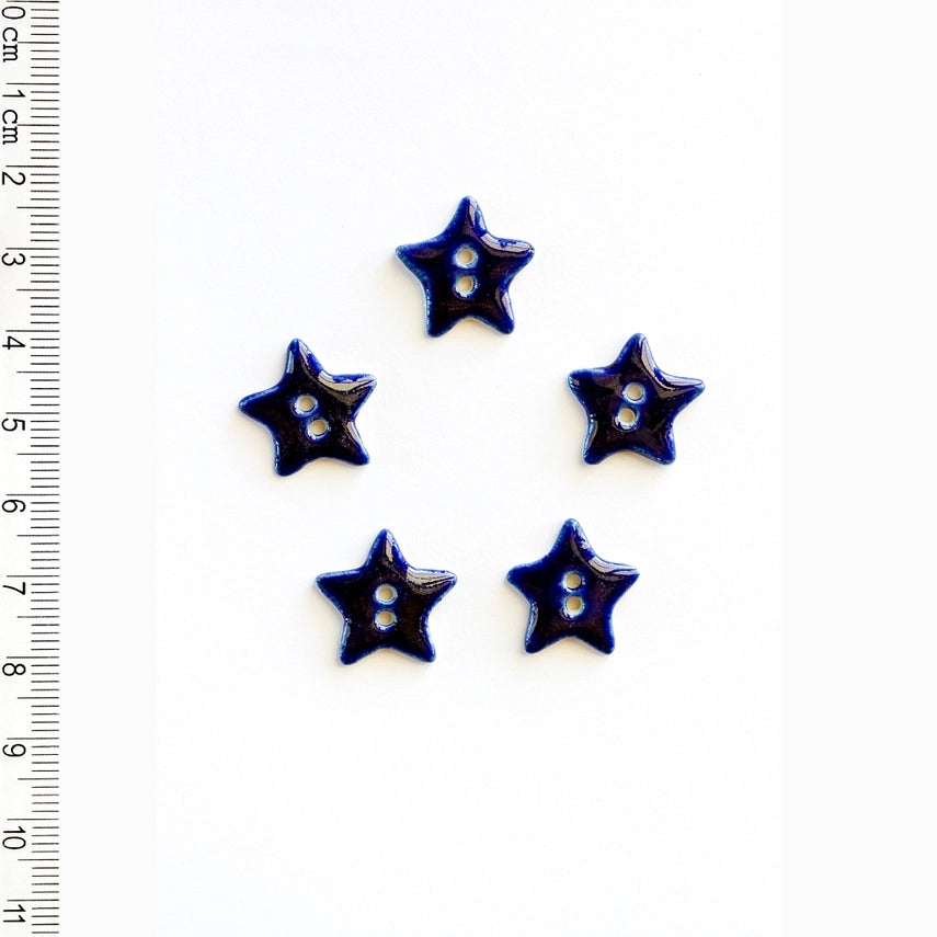 Handmade ceramic shiny navy blue star pattern buttons, set of 5, hand-painted stoneware, 0.5 in (1.3 cm), Incomparable Buttons
