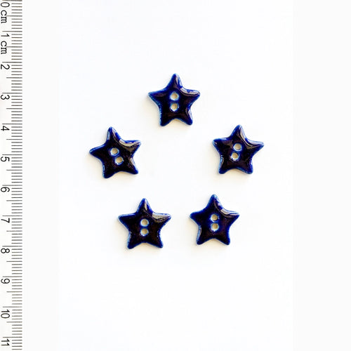 Handmade ceramic shiny navy blue star pattern buttons, set of 5, hand-painted stoneware, 0.5 in (1.3 cm), Incomparable Buttons

