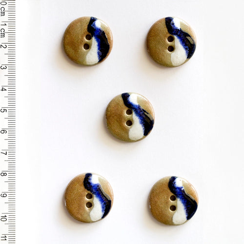 Handmade ceramic circle buttons with white and blue swirl on terracotta, set of 5, hand-painted stoneware, 0.87in (2.2cm), Incomparable Buttons
