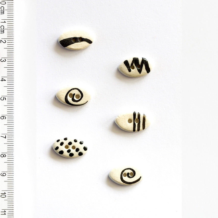 Handmade ceramic oval black & white geometric pattern buttons, set of 6, hand-painted stoneware, 0.75in (1.9cm), Incomparable Buttons