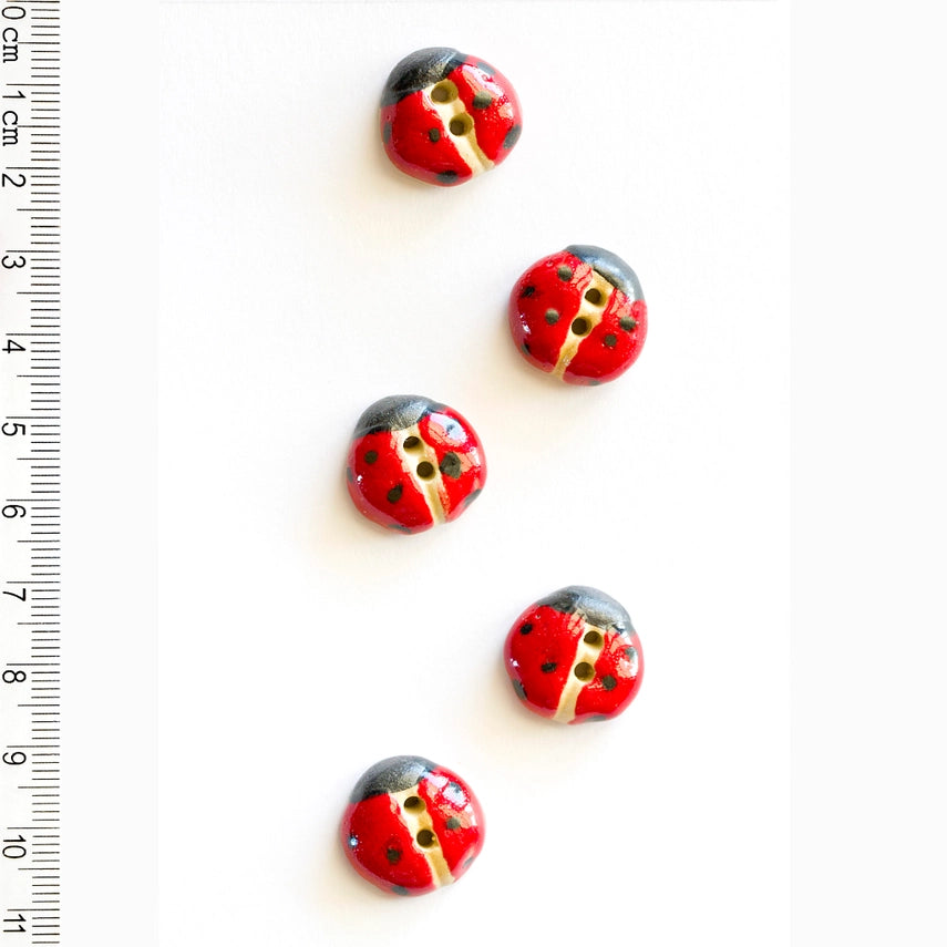 Handmade ceramic red ladybug buttons, set of 5, hand-painted stoneware, 0.6in (1.6cm), Incomparable Buttons