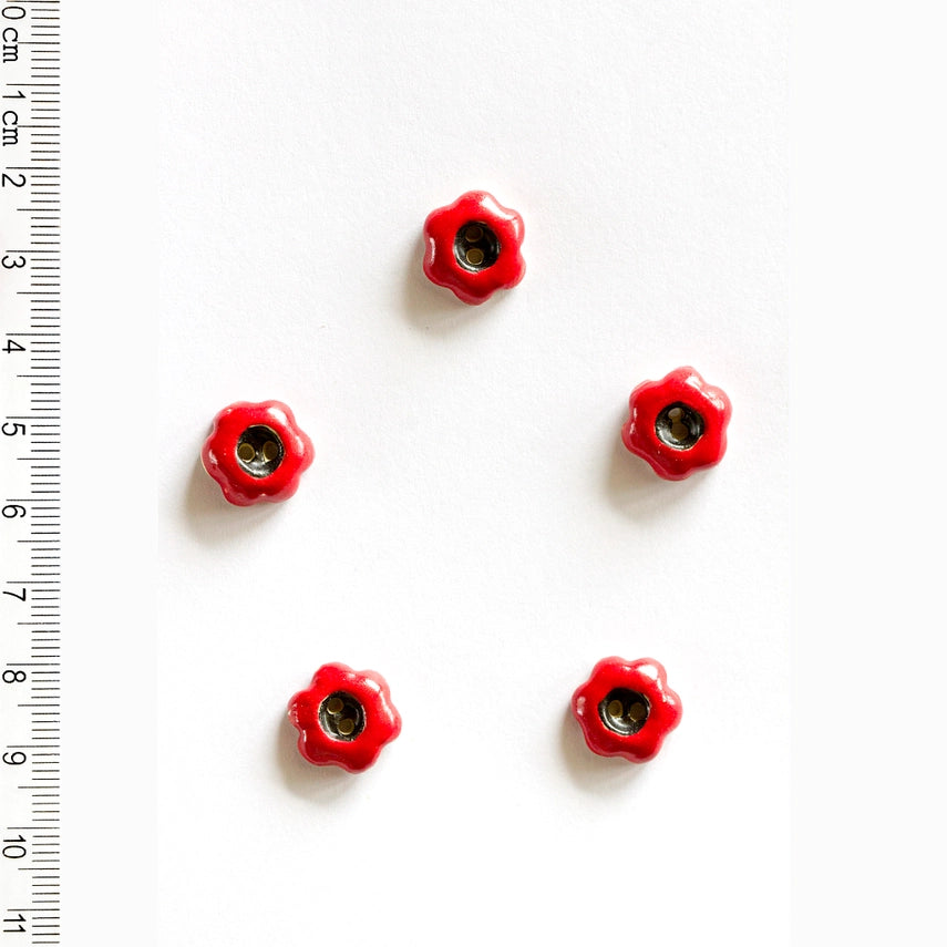 Handmade ceramic tiny red flower buttons, set of 5, hand-painted stoneware, 0.55in (1.4cm), Incomparable Buttons