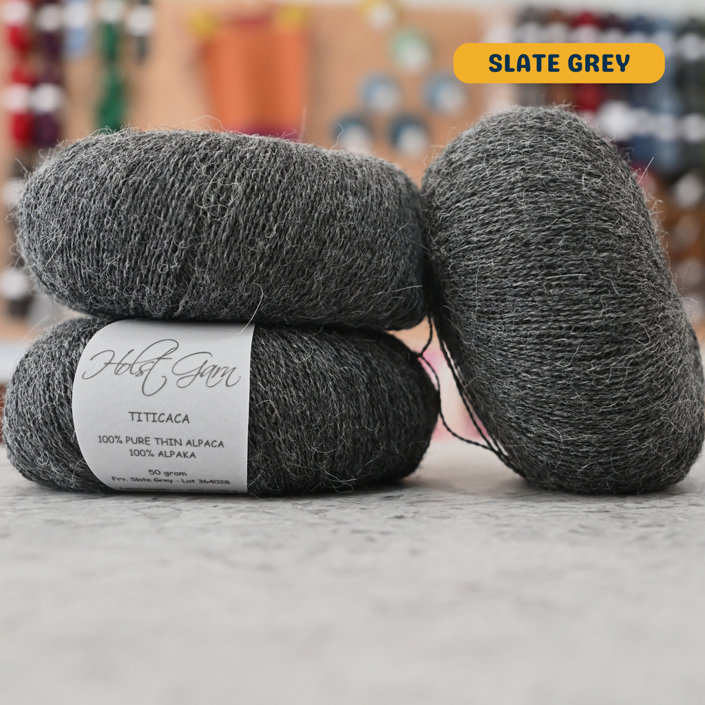 50g dark grey (slate grey) alpaca lace yarn, 'Holst Garn Titicaca 100% Pure Thin Alpaca' label visible, craft shop background (blurred)