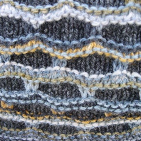 Bricks Scarf knitting pattern by Holst Garn — detail of multi-coloured textured brick stitch pattern