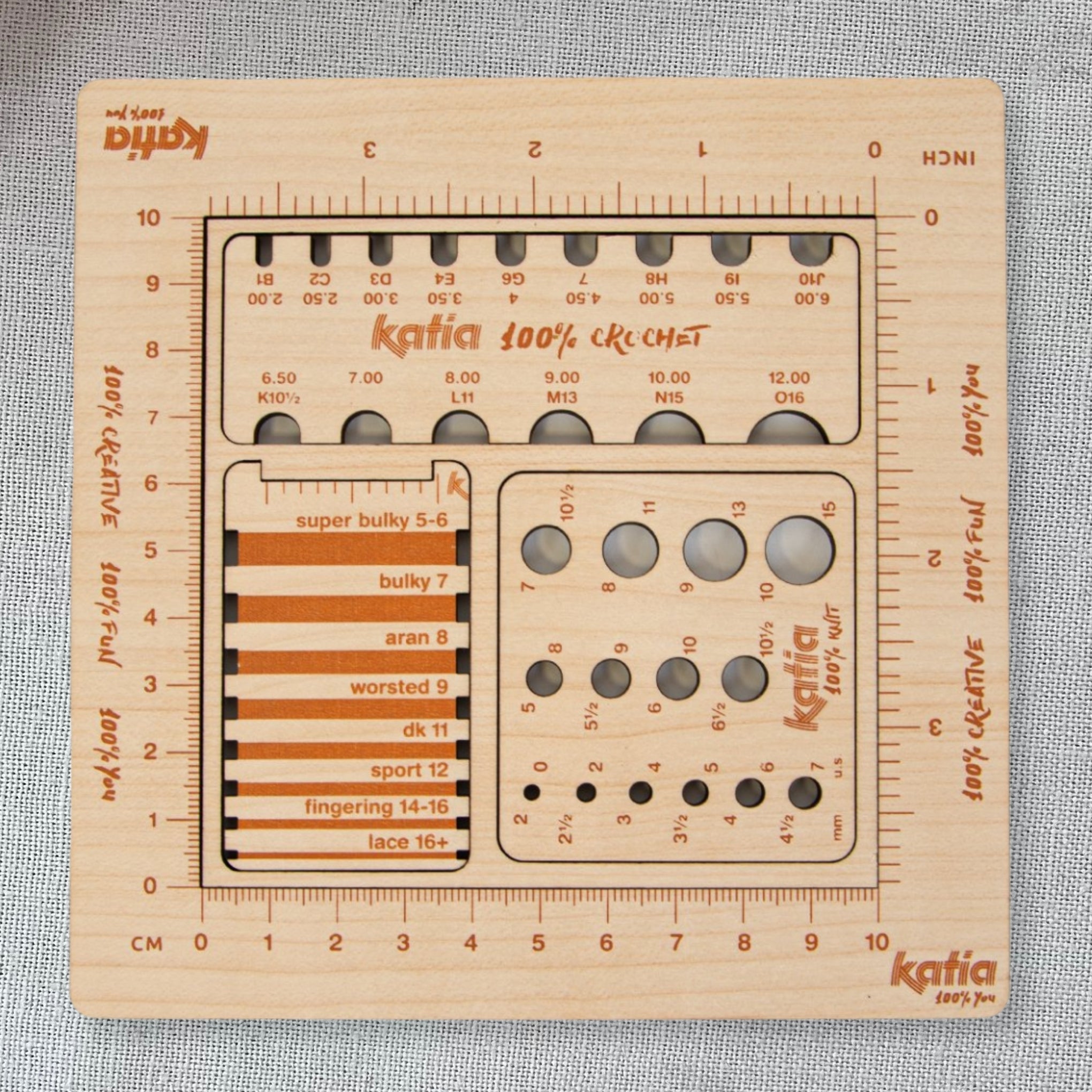 Katia 4-in-1 wooden measuring pack — knitting gauge tool with needle sizer, stitch counter, and ruler. Plastic-free.