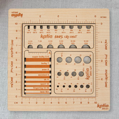 Katia 4-in-1 wooden measuring pack — knitting gauge tool with needle sizer, stitch counter, and ruler. Plastic-free.