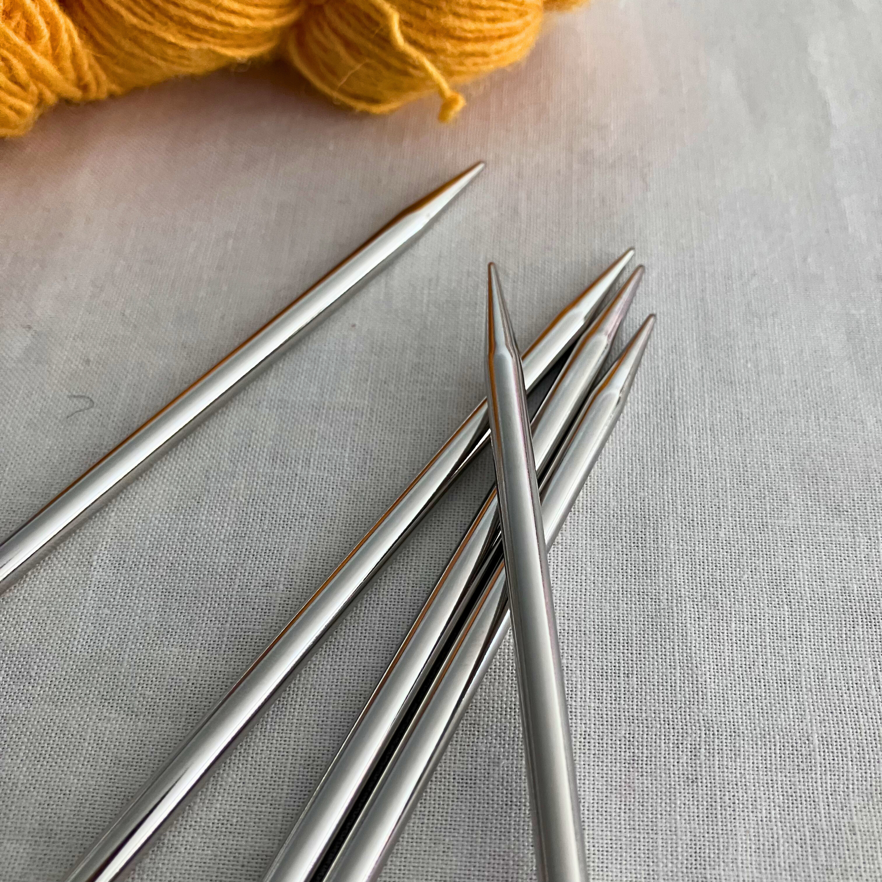 Knit Picks nickel-plated double-pointed needles close-up – 8-inch length, polished finish