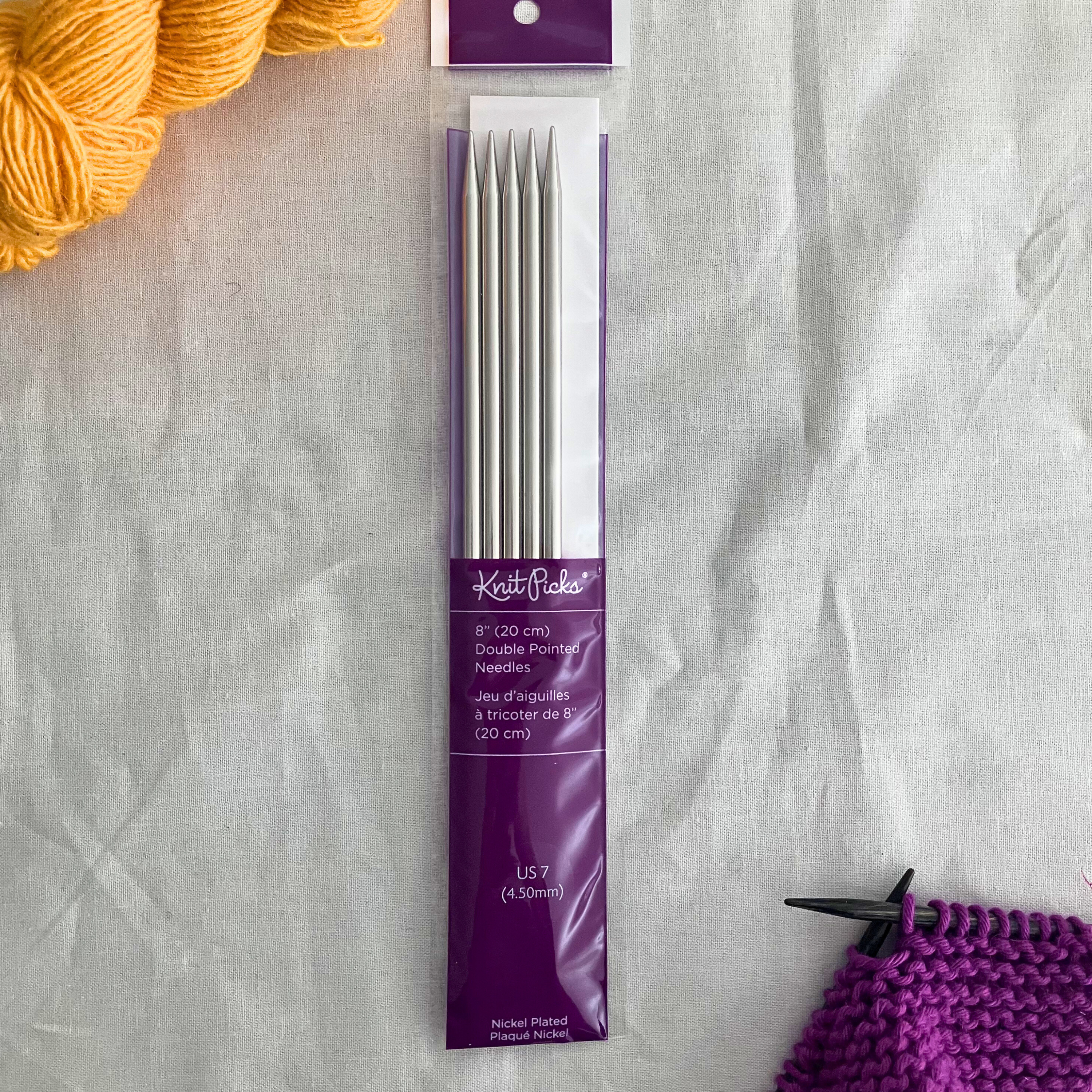 Knit Picks nickel-plated 8-inch DPNs – sharp tapered tips, precision control