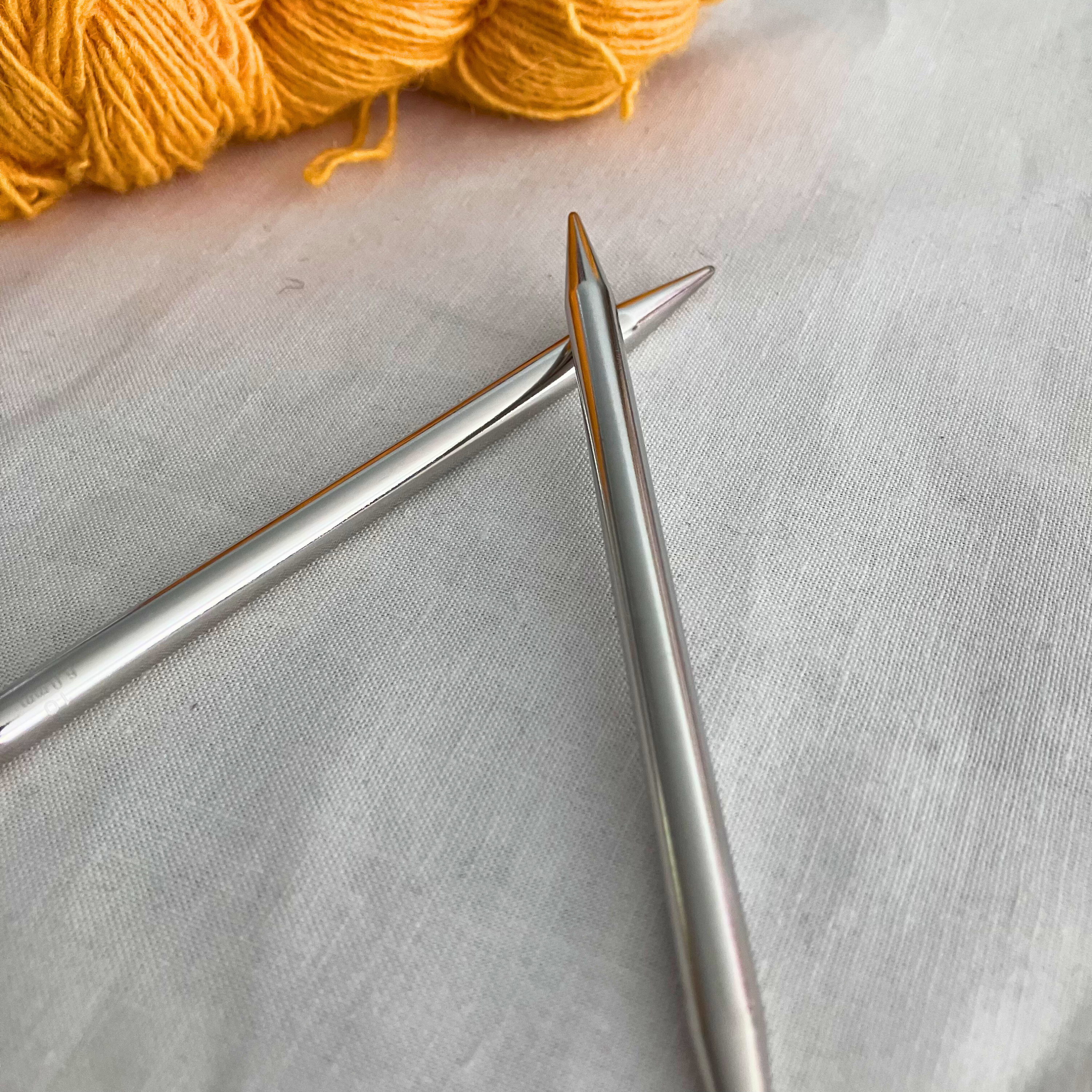 Knit Picks nickel-plated tips close-up – secure cable connector, polished finish