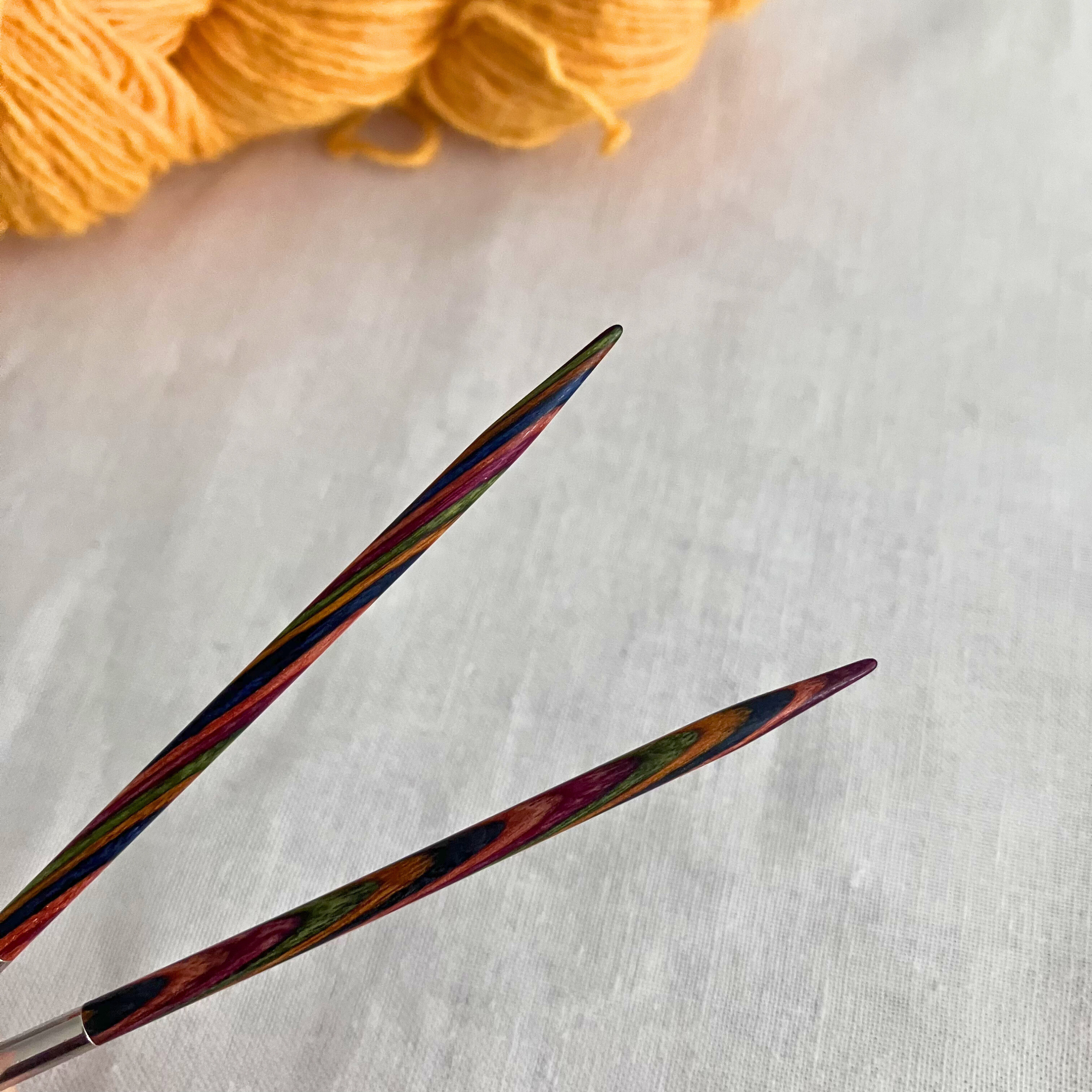 Knit Picks Rainbow Wood fixed circular needles detail – polished birchwood tip and cable join