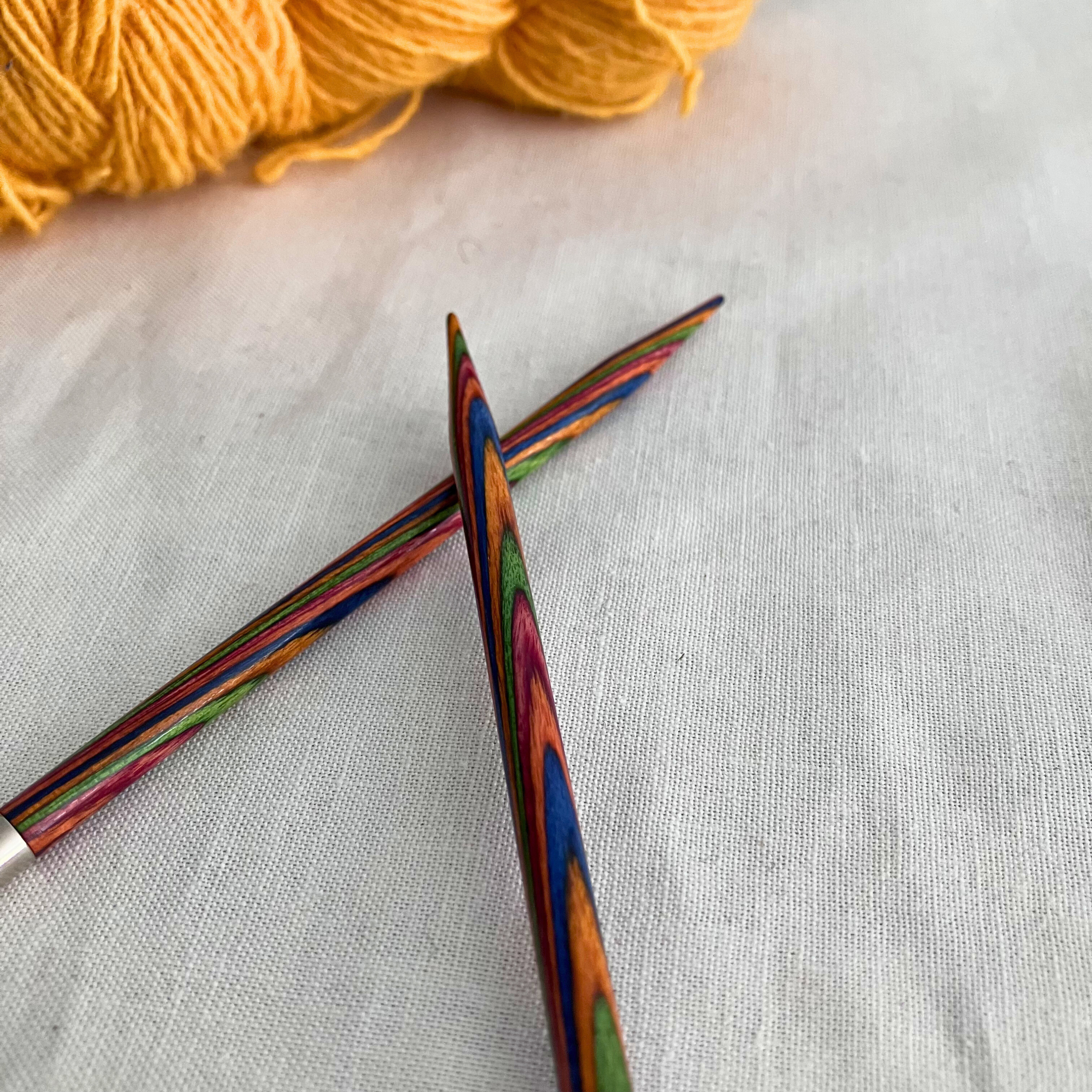 Knit Picks Rainbow Wood tip close-up – tapered point, secure cable connection
