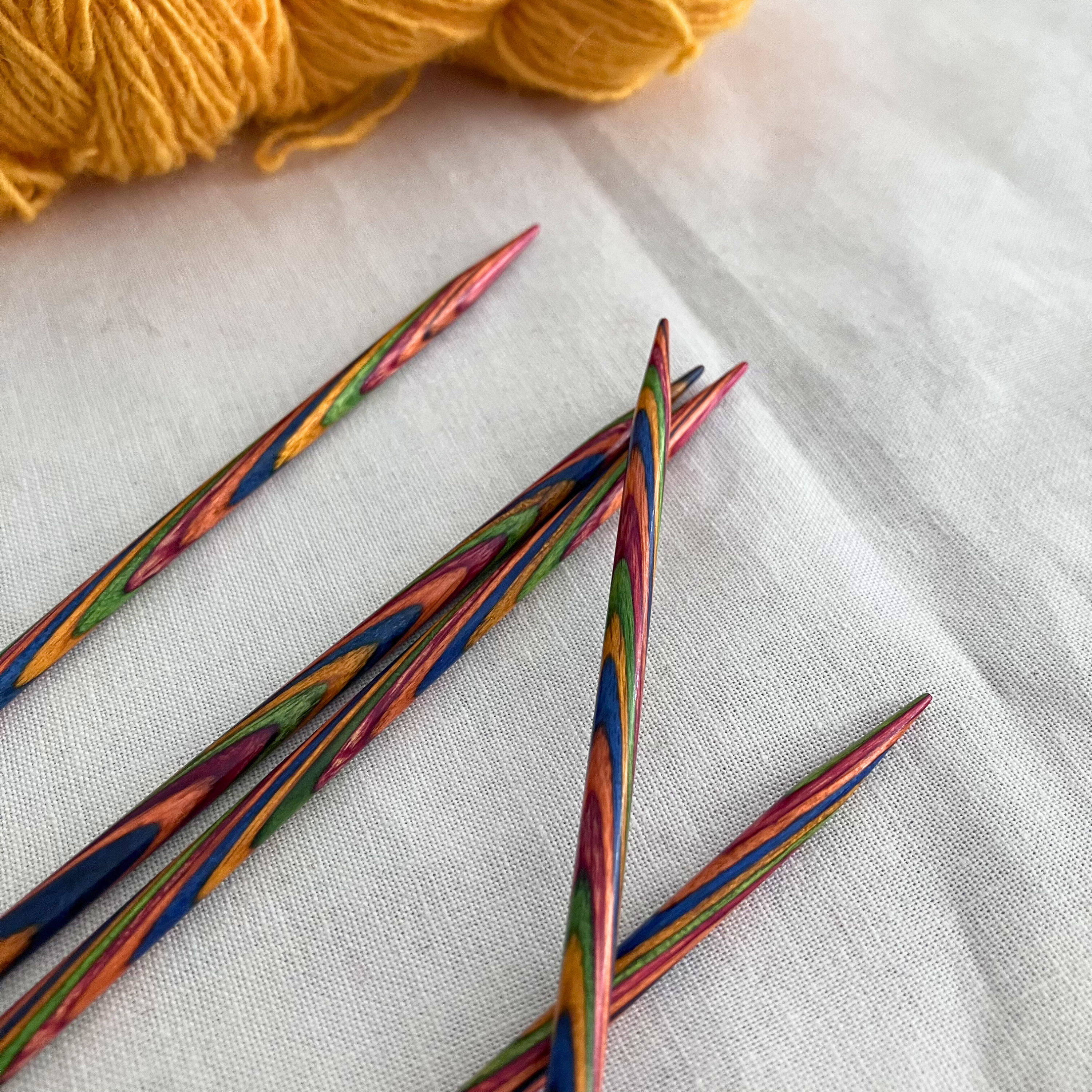Knit Picks Rainbow Wood double-pointed needle tip detail – sharp taper, lightweight