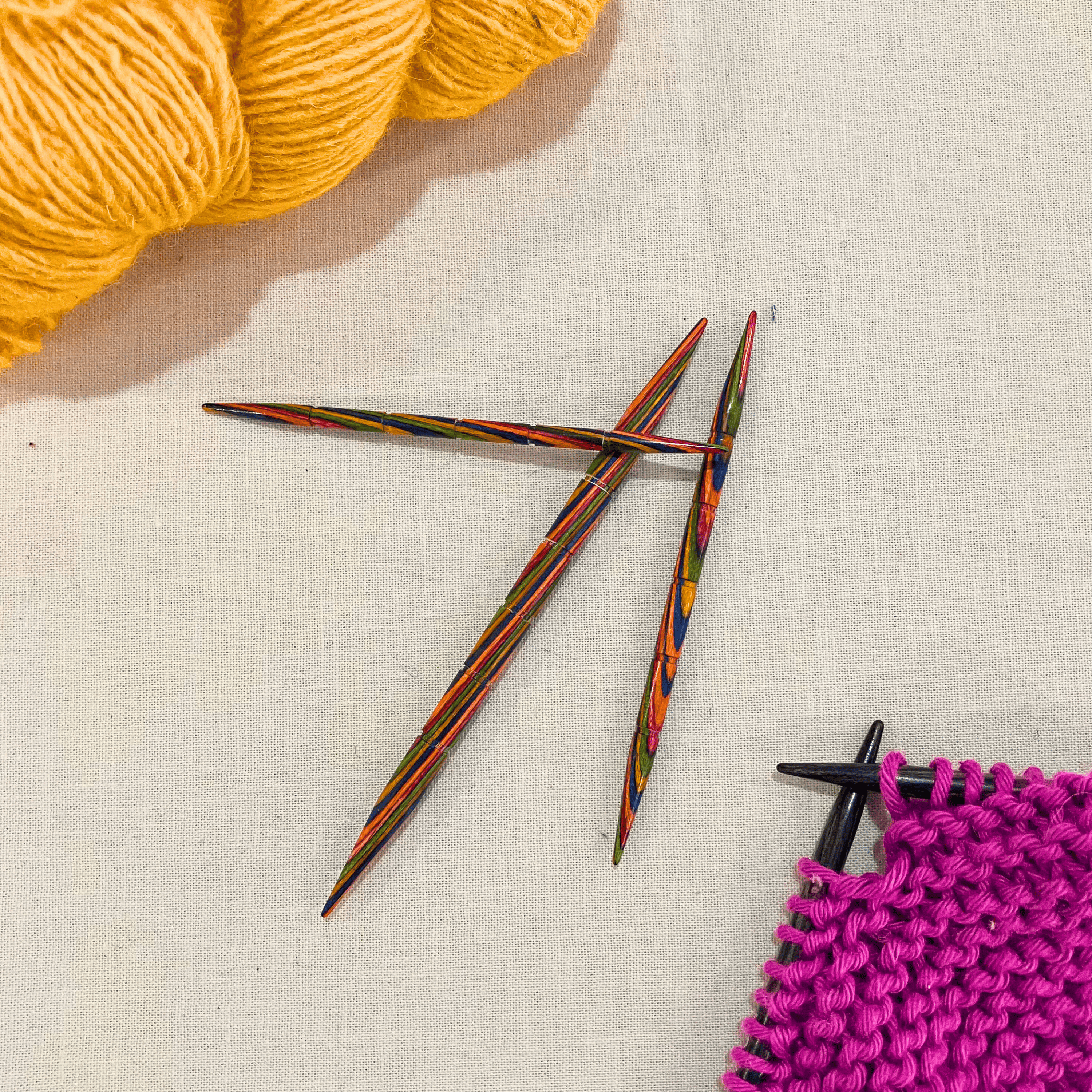 Knit Picks rainbow wood cable needles – set of 3 - double-pointed, polished birchwood with grooved centre
